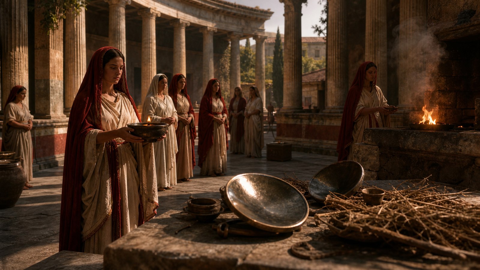 A wide close working scene of an ancient optical ignition procedure: several plain polished concave bronze mirrors held on simple wooden supports gather strong morning sunlight onto a small bundle of very light dry plant fibre at one central point, two adult Roman ritual attendants watching carefully, tactile bronze reflections and restrained sacred atmosphere, historically plausible materials, cinematic realistic oil-painting, horizontal 16:9, no text, numerals, inscriptions, emblems, modern lenses, glass, machinery, or watermark.
