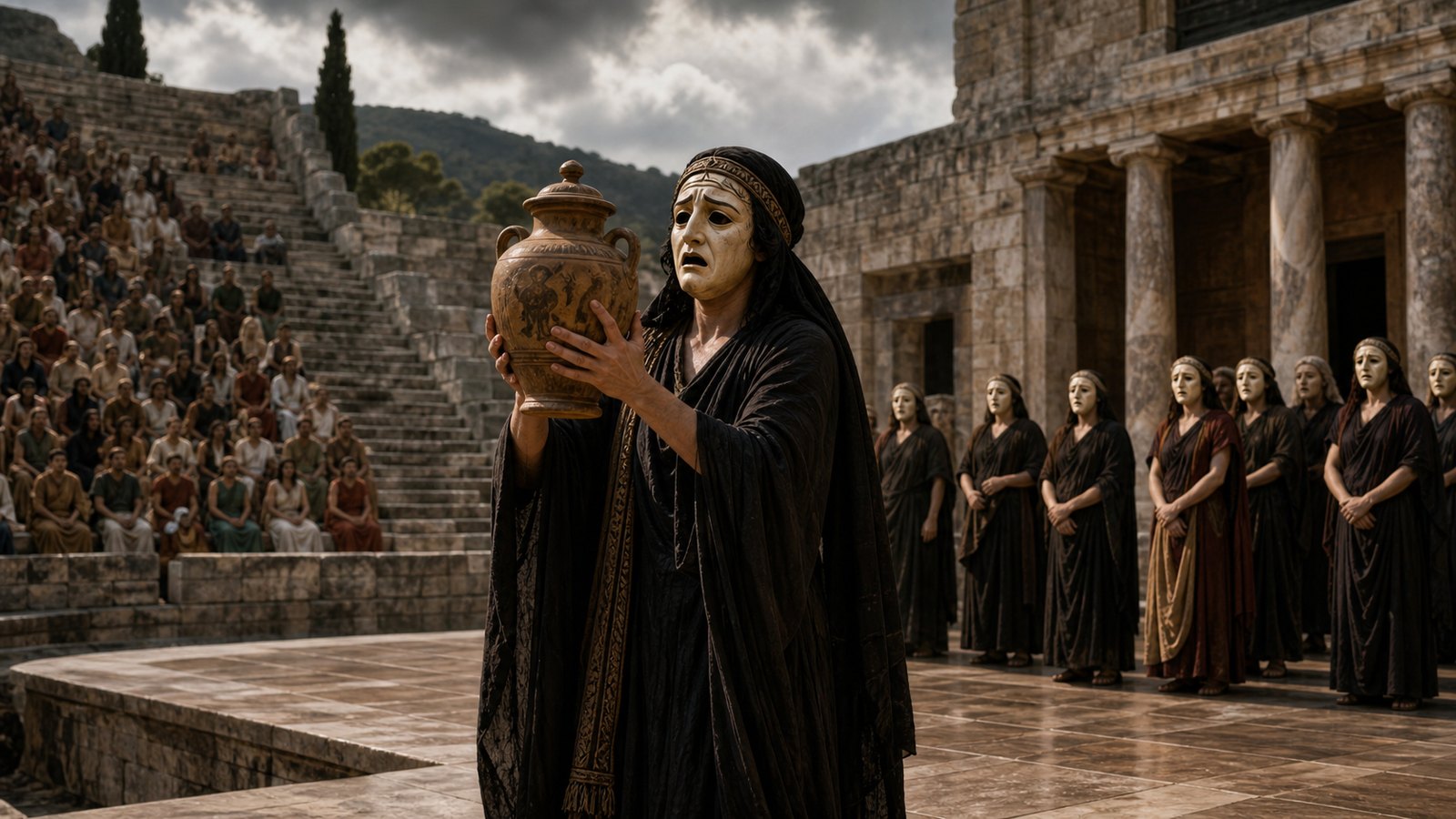 A wide cinematic reconstruction of an ancient Athenian theatre during a performance of Sophocles’ Electra: a celebrated anonymous male tragic actor in a solemn female role stands at the orchestra’s edge holding a small plain funerary urn tightly against the chest, masked chorus figures keeping a respectful distance, the audience visible as quiet tiers of faces, emotionally restrained rather than melodramatic, historically plausible costume and theatre architecture, realistic oil-painting style, no text, no lettering, no inscriptions, no watermark.