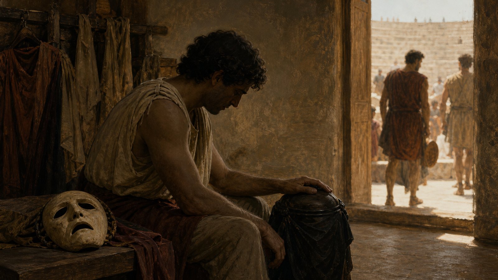 A wide backstage scene in an ancient Greek theatre after the performance: the actor has removed a neutral tragic mask and sits in profile beside a plain sealed urn wrapped in dark cloth, one hand resting on the fabric while stage attendants remain far away, wooden costume rack and open doorway to the sunlit orchestra, grief shown through posture rather than a recognizable historical face, realistic cinematic oil-painting, no text, no symbols, no watermark, no modern objects.