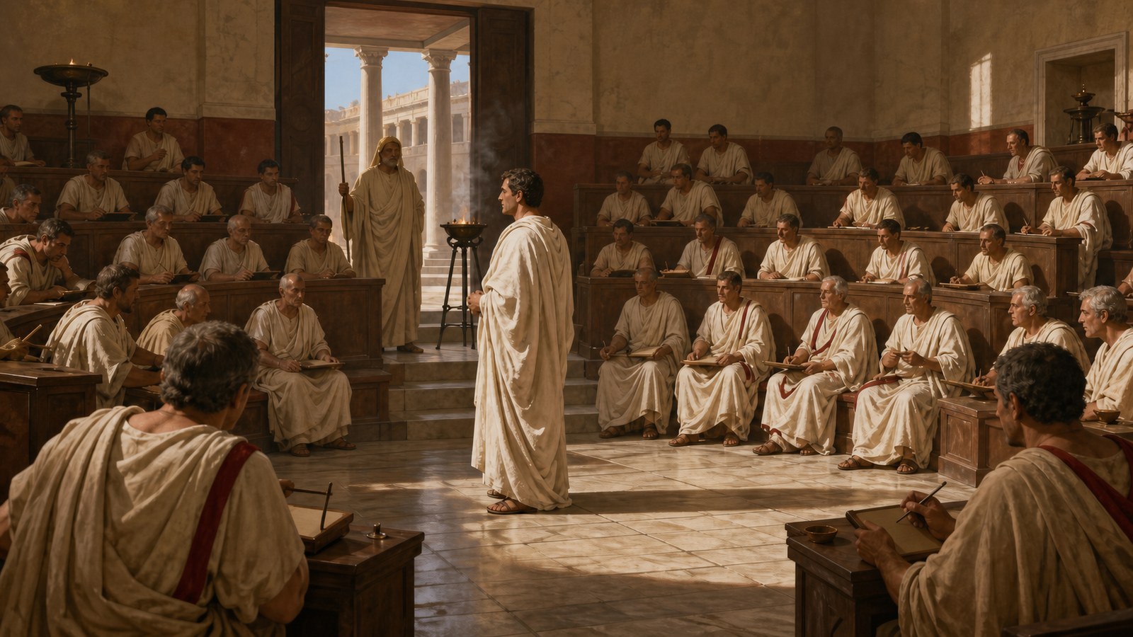 Inside a late Republican Roman senate chamber in daylight, an experienced scholar unrolls a plain procedural scroll for a senior military commander in an unmarked toga while attendants prepare benches; no writing is visible.