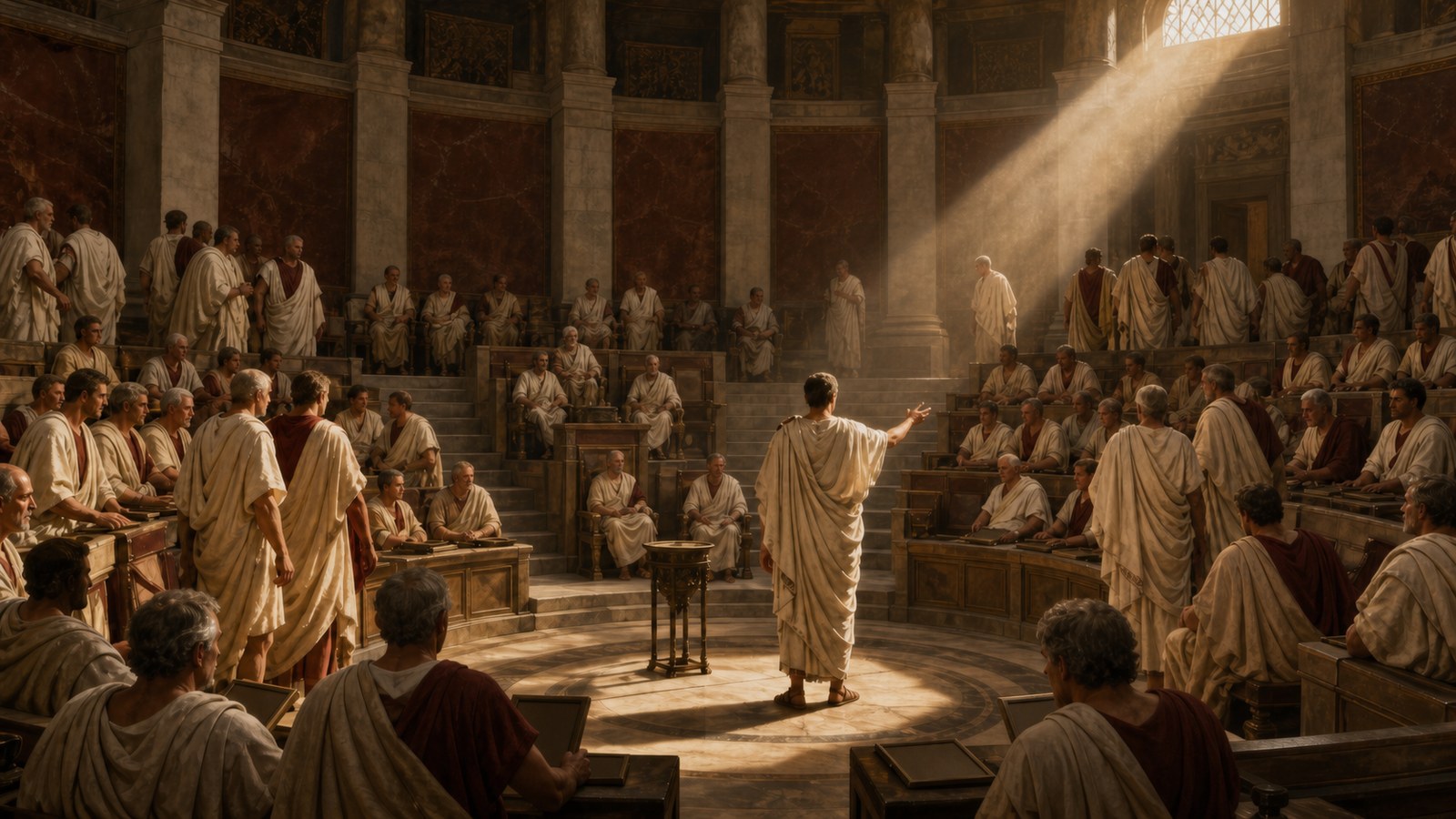 A daylight meeting of the Roman senate begins inside an augurally marked civic chamber as a presiding magistrate stands before ordered benches and senators prepare to give opinions; no inscriptions or symbols.