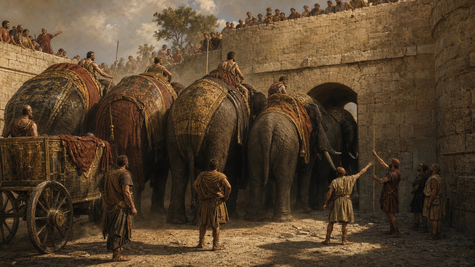 Plutarch says Pompey tried to harness four captured elephants to his triumphal chariot, but the city gate was too narrow for the team.