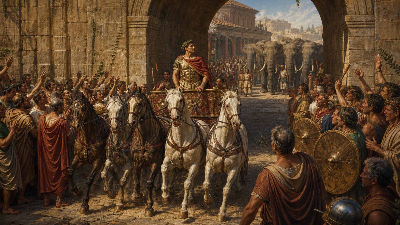 Pompey changed to horses and continued: the oversized animal display failed, but the exceptional triumph he had won from Sulla survived.