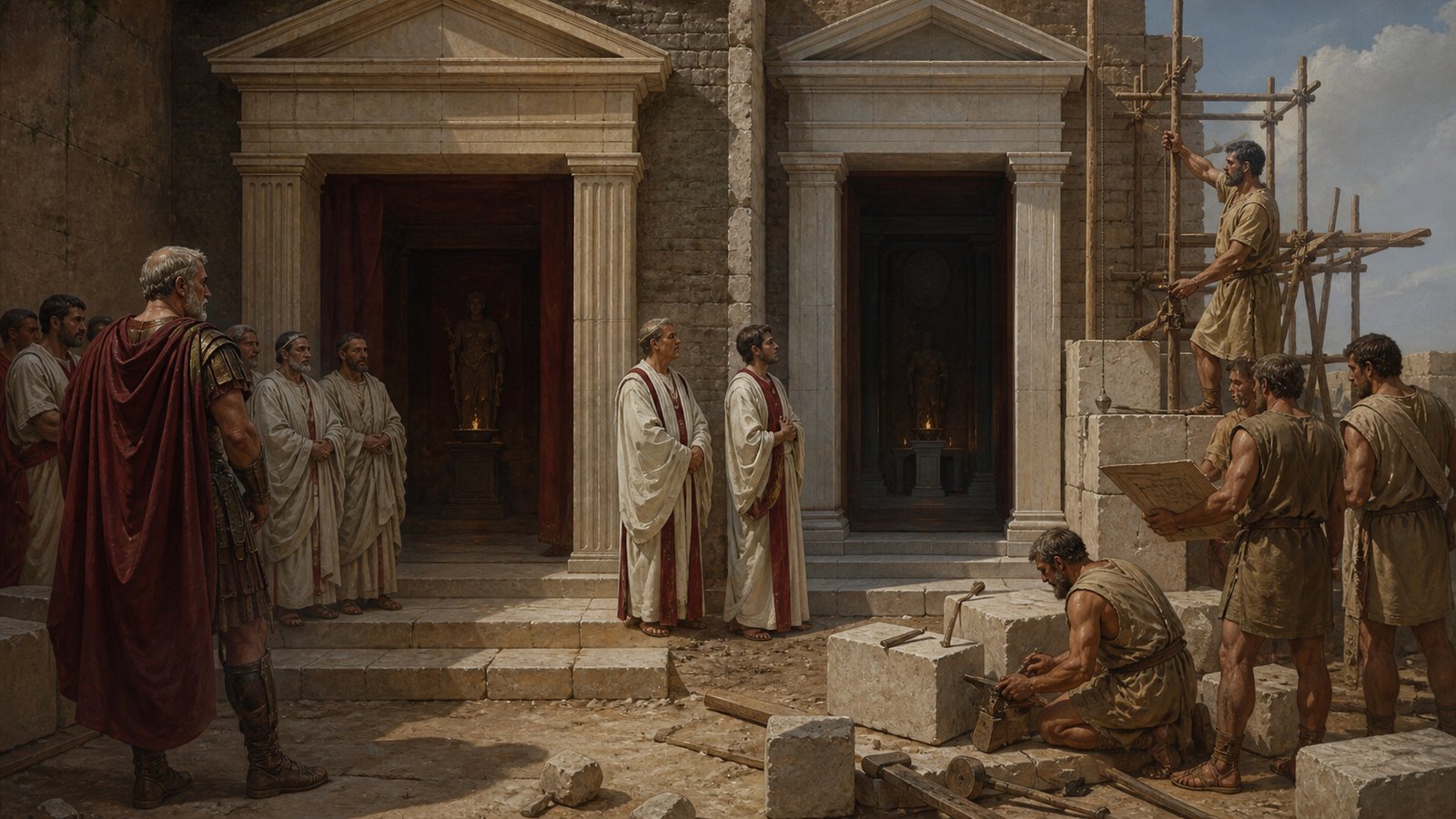 Ancient Roman sanctuary construction at late afternoon, an older adult Roman commander in a plain bordered toga studying two adjoining small stone temple façades while adult priests gesture toward separate doorways, fresh pale masonry and stacked blocks showing the second building under construction, Sicily-war spoils suggested only by plain bronze vessels set aside, cinematic realistic oil-painting, muted earth tones and deep reds, vertical 4:5, no text, inscriptions, symbols, labels, crests, modern tools, signatures, or watermark.