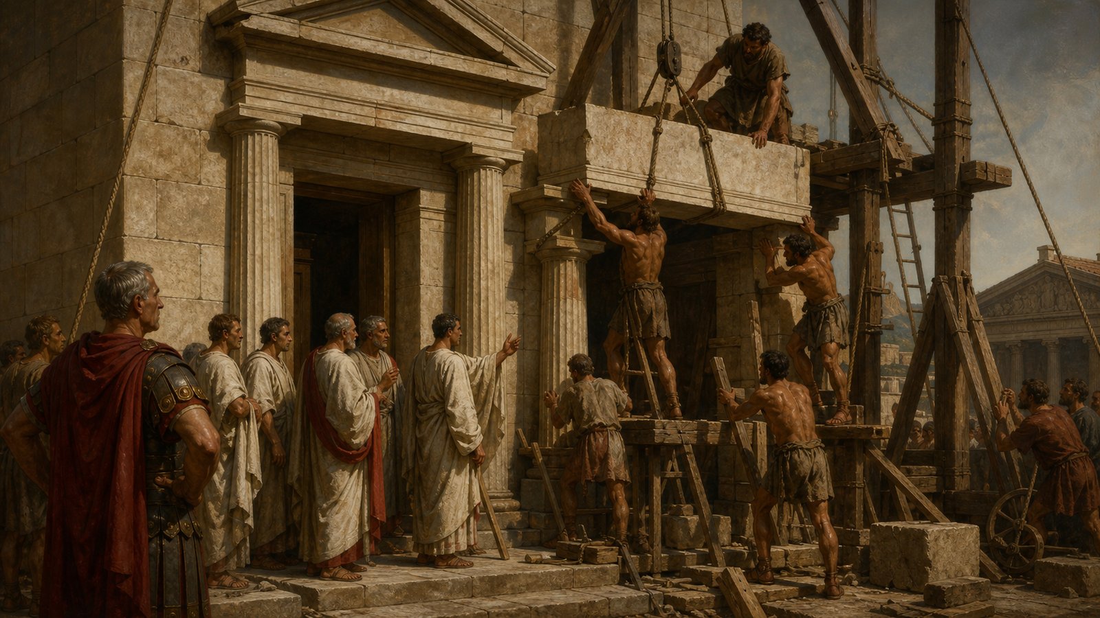 Wide architectural scene of two adjoining ancient Roman temples being carefully built as separate sacred spaces, adult masons fitting a final pale stone block while priests stand between two distinct doorways and an older commander watches, historically plausible hand tools and scaffolding, the separation physically unmistakable, cinematic realistic oil-painting, horizontal 16:9, no text, letters, numerals, inscriptions, emblems, modern objects, signatures, or watermark.