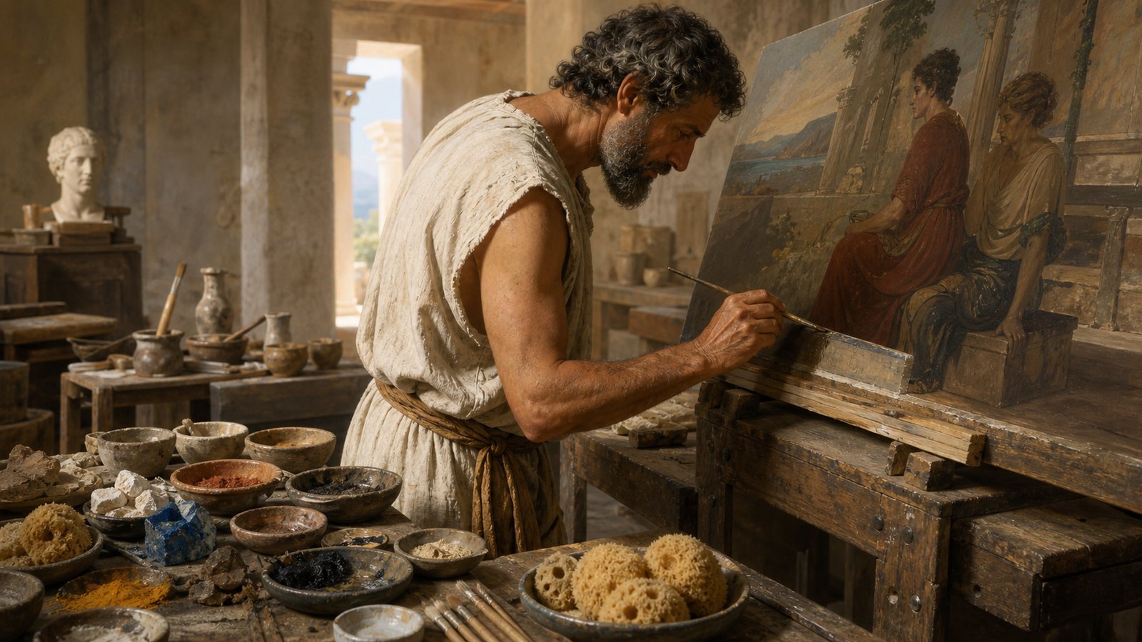 A vertical cinematic ancient painter’s studio on Rhodes: Protogenes in a plain paint-stained tunic stands before a large panel showing a mythic youth and a panting generic dog, a natural sea sponge has just struck the dog area and left a convincing irregular pale foam texture, bowls of earth pigments and soaked lupins nearby, no readable text, no signatures, no watermark.