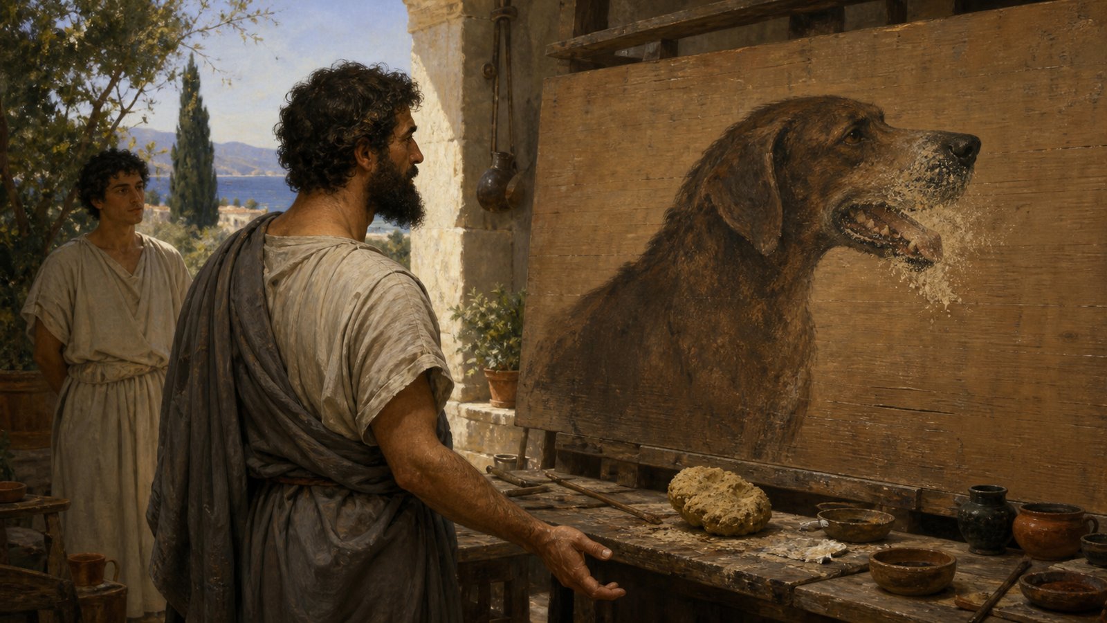 A wide horizontal cinematic workshop close view: an ancient Greek painter carefully applies the fourth thin protective paint layer to a large wooden panel while three earlier strata are visible only along a prepared edge sample, mineral pigments, brushes and plain ceramic bowls arranged with disciplined precision, no text, no symbols, no watermark.