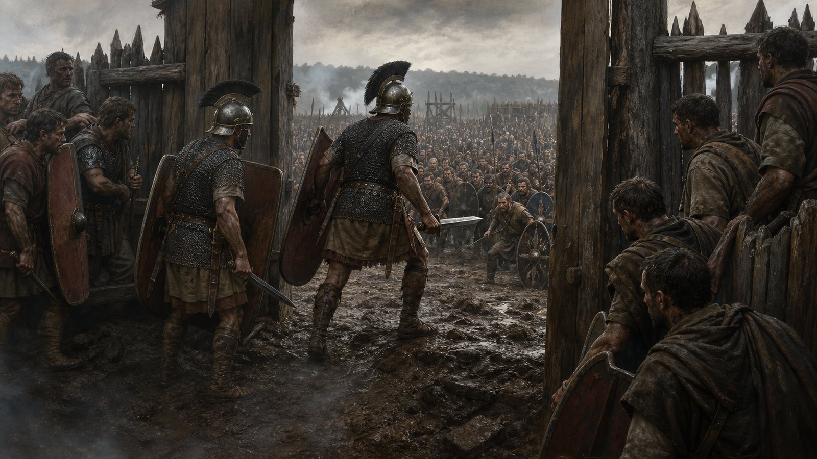 Pullo turned a promotion dispute into a public challenge and charged beyond the camp fortifications toward the thickest enemy group.