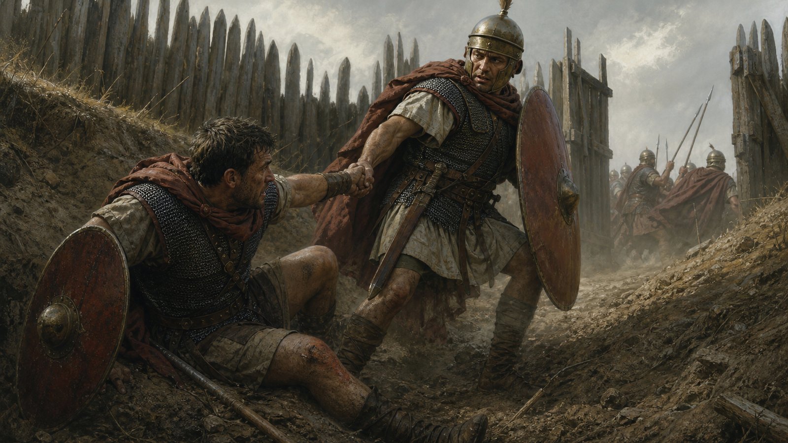 Caesar balanced the reversals: Vorenus rescued Pullo, then fell into a hollow and had to be rescued by the rival he had just saved.