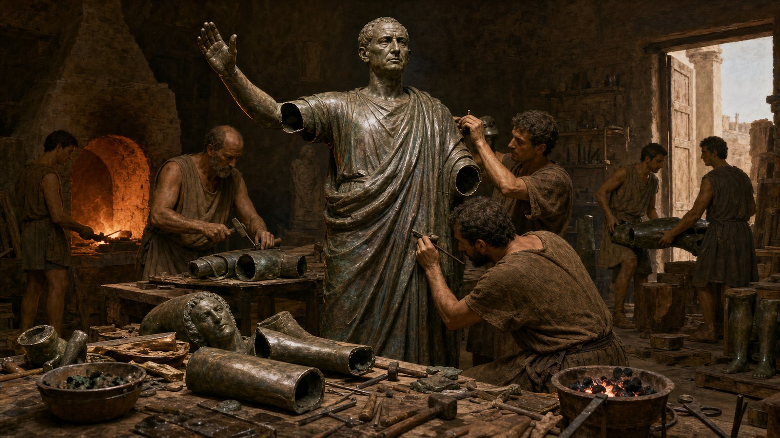 Etruscan bronze workers finish a hollow-cast magistrate whose raised hand makes public speech visible.