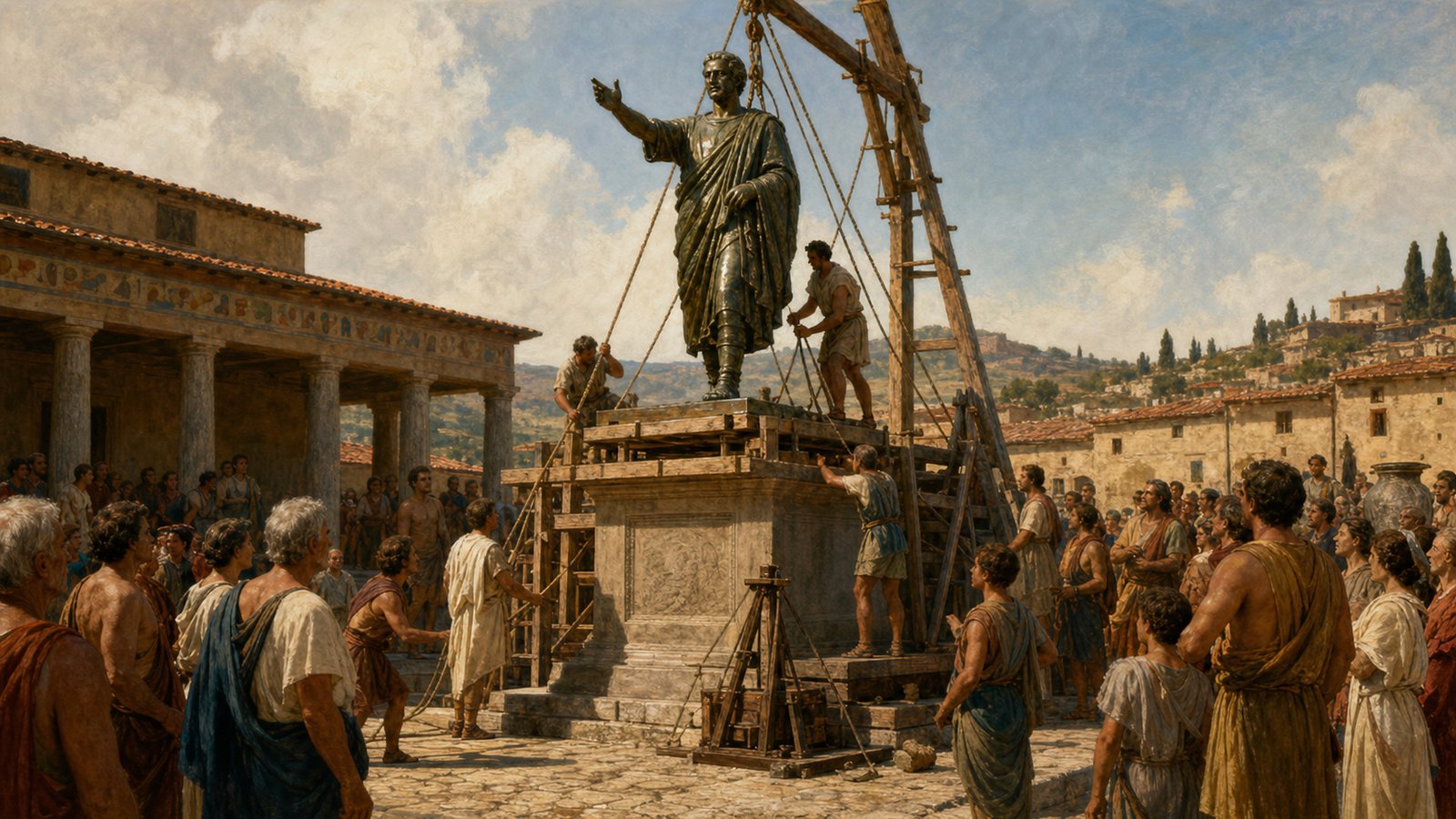 A community raises a bronze officeholder whose Roman dress and Etruscan identity share the same monument.