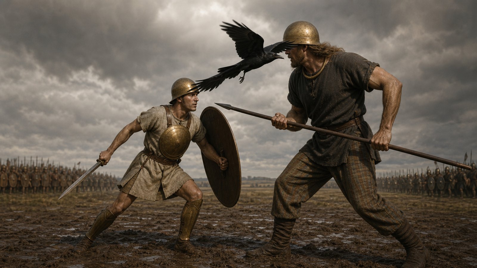 Before two formed armies in the Pomptine district, the young tribune Valerius faces a towering Gallic challenger as a black raven settles on the Roman’s plain bronze helmet.