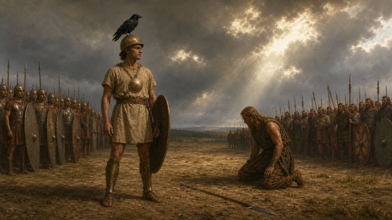 After the combat, the raven has returned to Valerius’s helmet while the disarmed challenger kneels and both armies remain as witnesses.