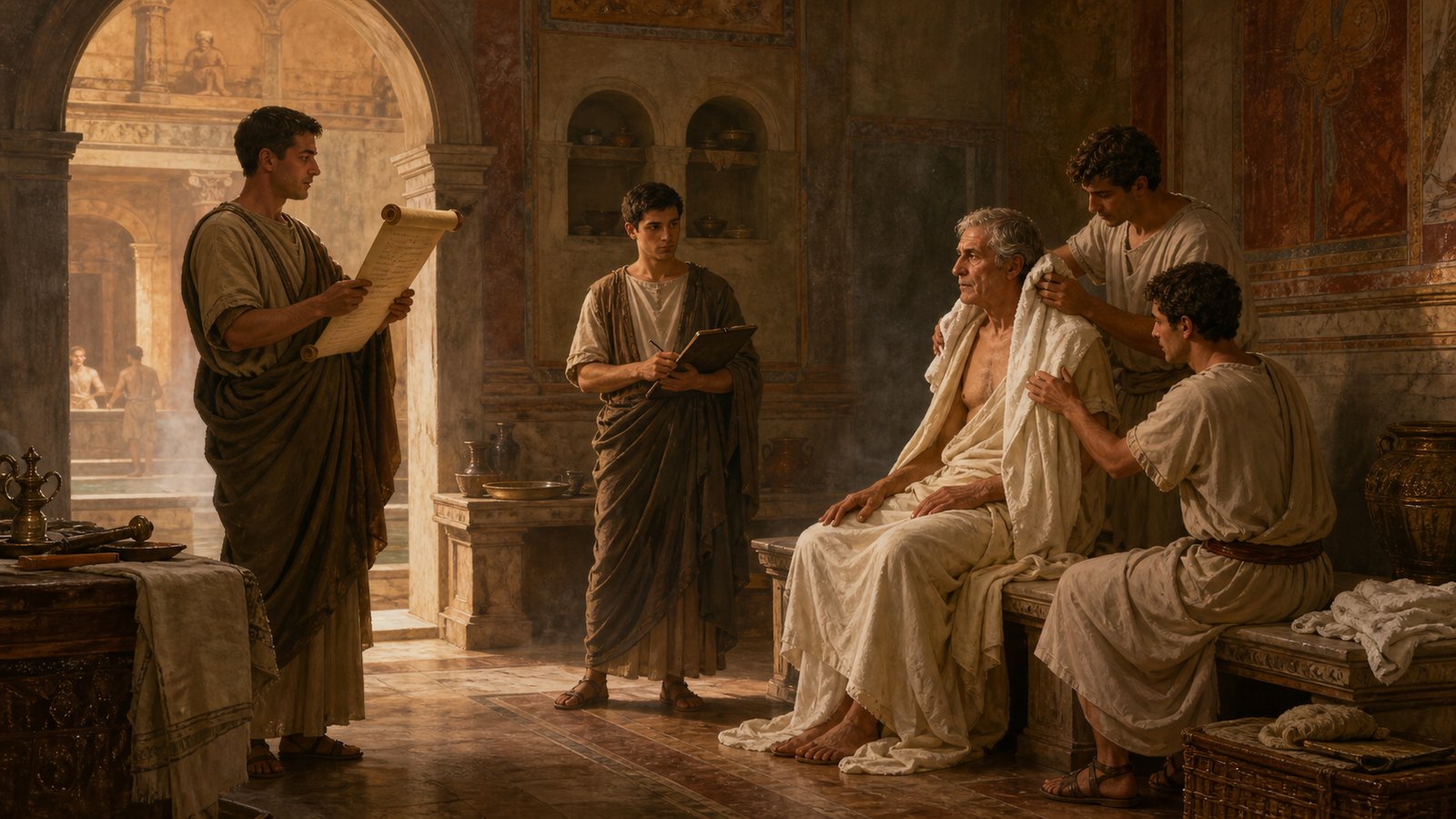 Pliny the Younger says reading resumed while his uncle was being rubbed and dried after the bath, with dictation possible even during immersion.