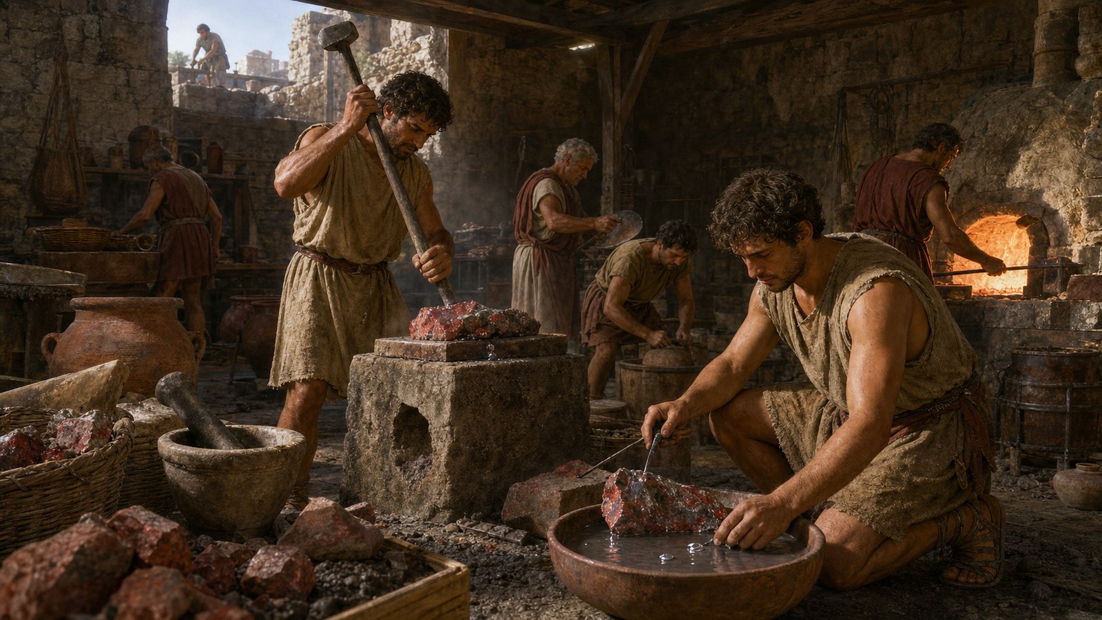 In an ancient pigment workshop, workers strike red-veined mineral clods with iron bars as tiny silver quicksilver droplets bead on the ore and are gathered into a plain ceramic basin, dramatic but historically grounded, no text.