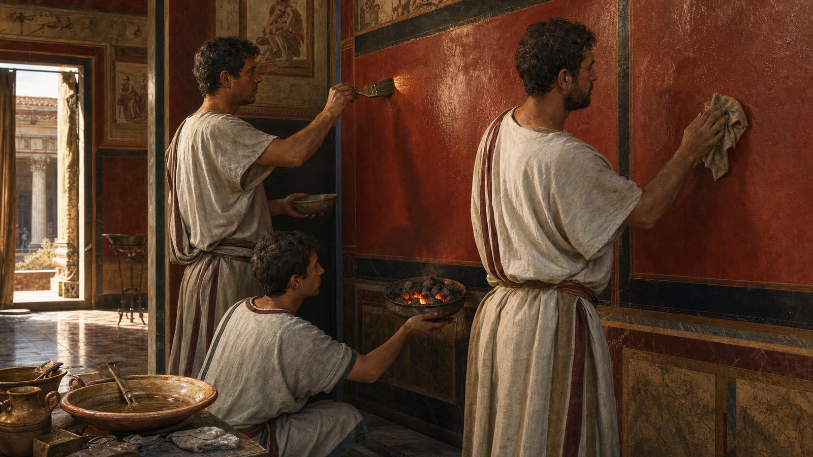 A Roman wall finisher brushes warm Punic wax over a rich vermilion interior panel while a charcoal pan gently heats the surface and another worker polishes it with cloth, no lettering, modern respirators, or decorative pseudo-symbols.