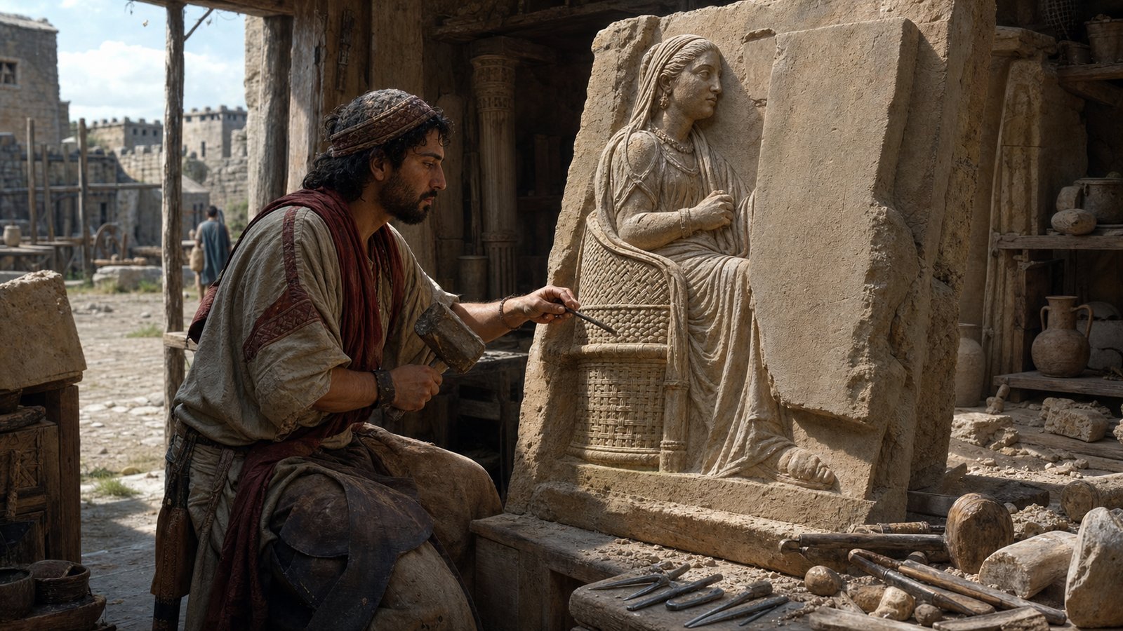 A Palmyrene craftsman shapes the costly funerary portrait through which Barates presented Regina to a frontier community.