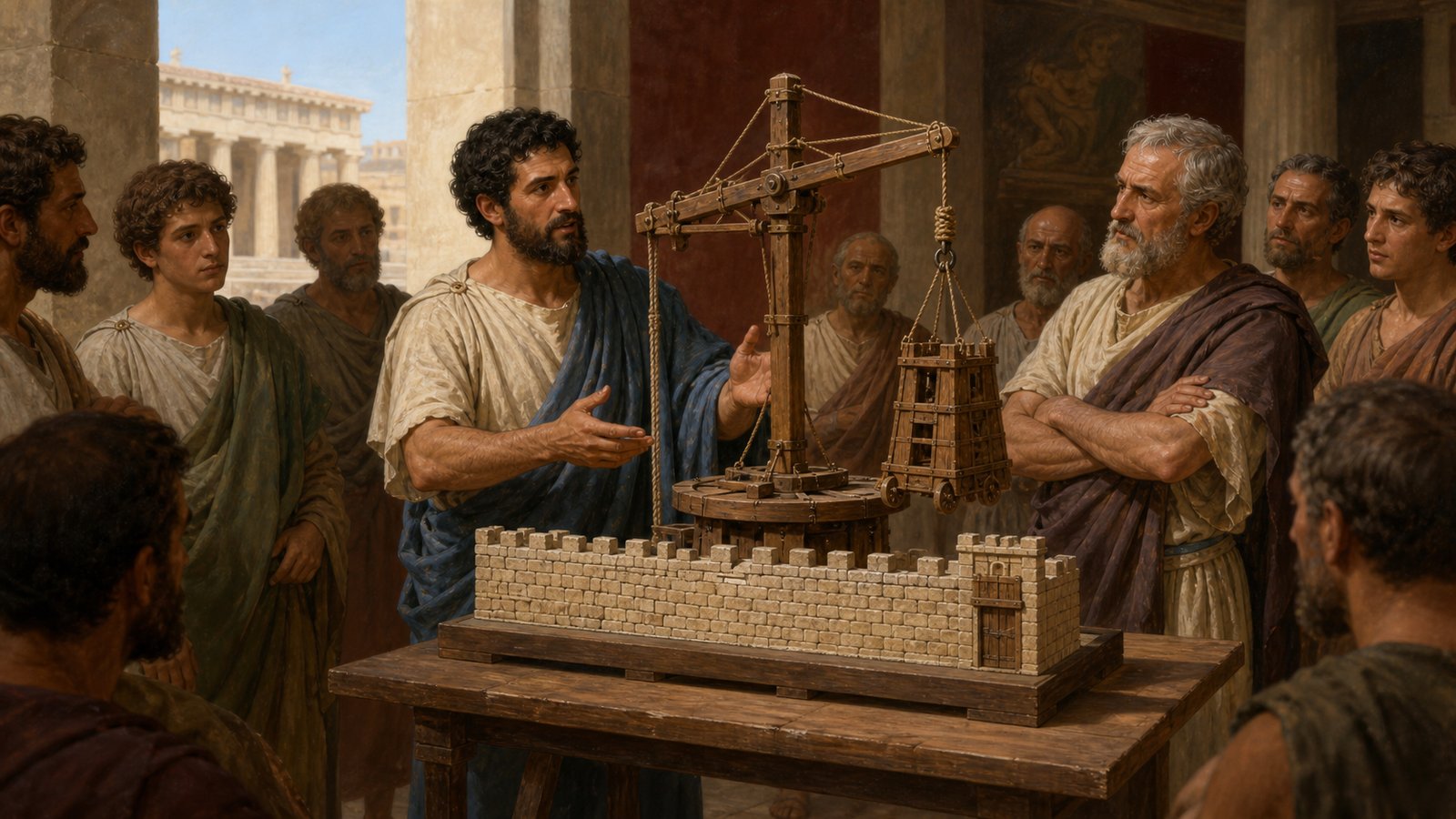 A vertical cinematic view outside ancient Rhodes at dawn: a colossal multi-storey timber siege tower reinforced with plain rawhide has sunk axle-deep into a dark waterlogged field before strong stone walls, defenders watch from the parapet while exhausted generic crews struggle at the wheels, historically plausible Hellenistic engineering, no combat, no text, no inscriptions, no insignia, no watermark.