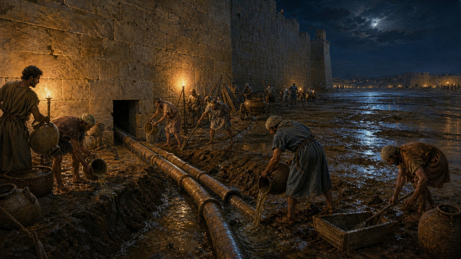 A wide cinematic public demonstration inside ancient Rhodes: Callias of Aradus presents a small wall model and a revolving crane that lifts a miniature siege tower while citizens admire it and the older architect Diognetus watches skeptically, clear contrast between elegant tabletop scale and real masonry, no readable labels, no pseudo-text, no watermark.