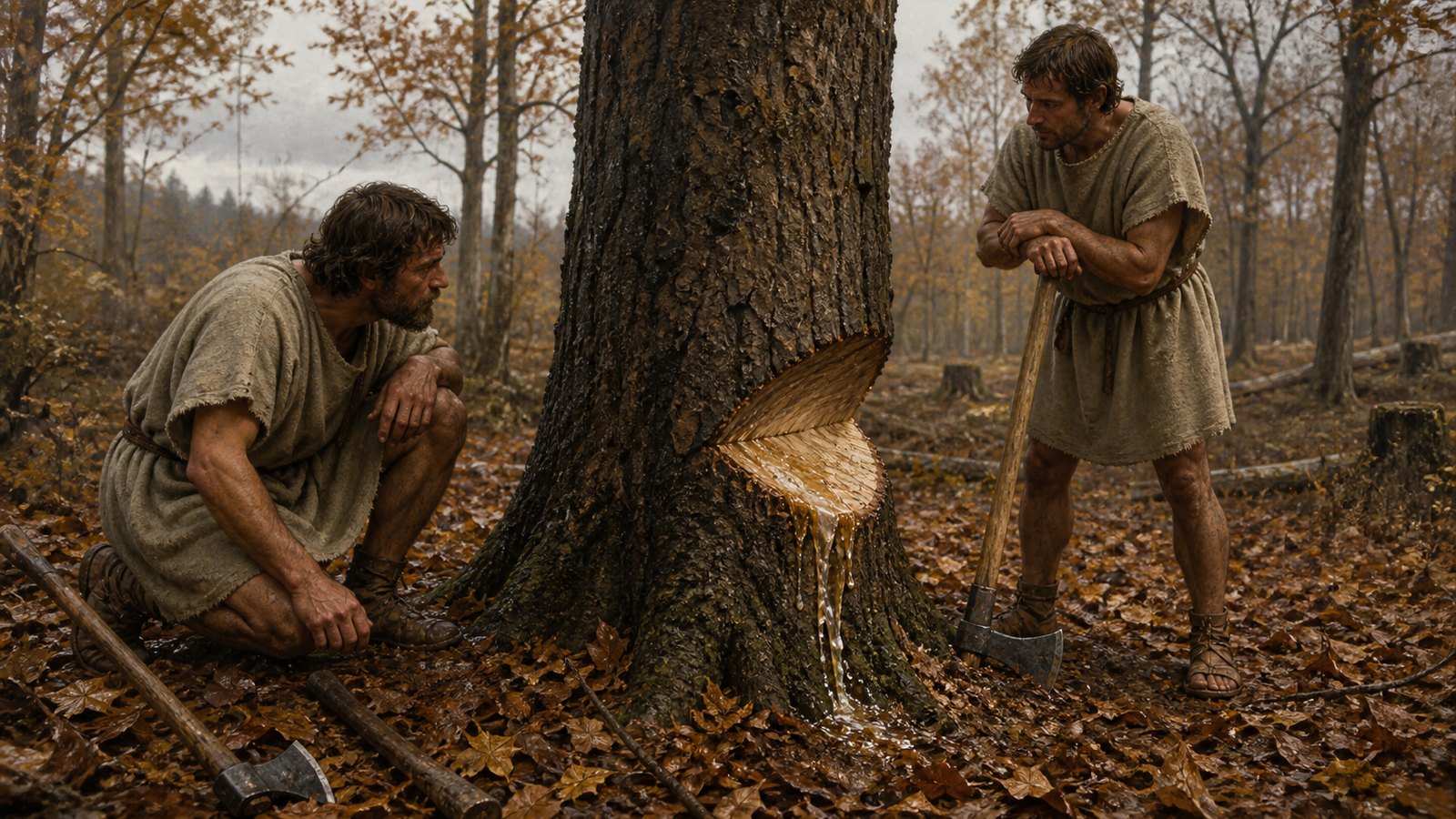 In an ancient Roman-managed woodland in late autumn, two fictional forestry workers use historically plausible iron axes to open one deep horizontal wedge in a mature standing trunk, the cut reaching toward the visible heartwood while clear sap drips into leaf litter; a surveyor watches the drainage, cool seasonal light, authentic wool tunics and tools, no sawmill, no readable text, no modern objects.