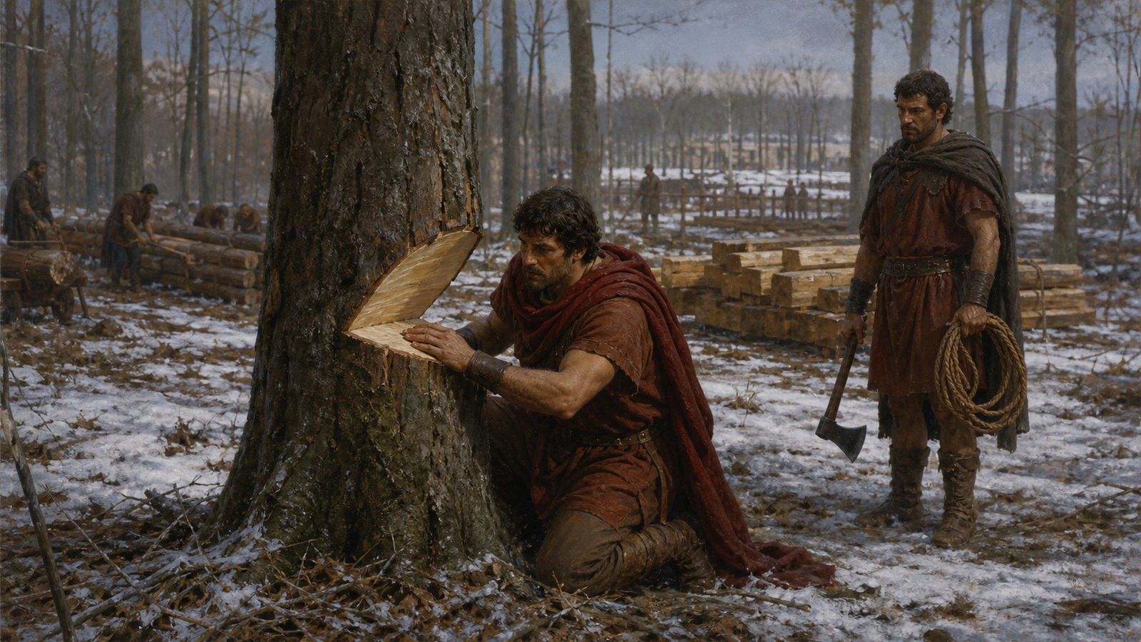 Days later in the same ancient woodland, a fictional carpenter kneels beside the still-standing deeply notched tree and touches the now-dry sapwood while another worker waits with a rope and axe; stacked seasoned beams in the distance connect the controlled drainage to building timber, accurate Roman hand tools, restrained winter light, no lettering, no logos, no modern machinery.