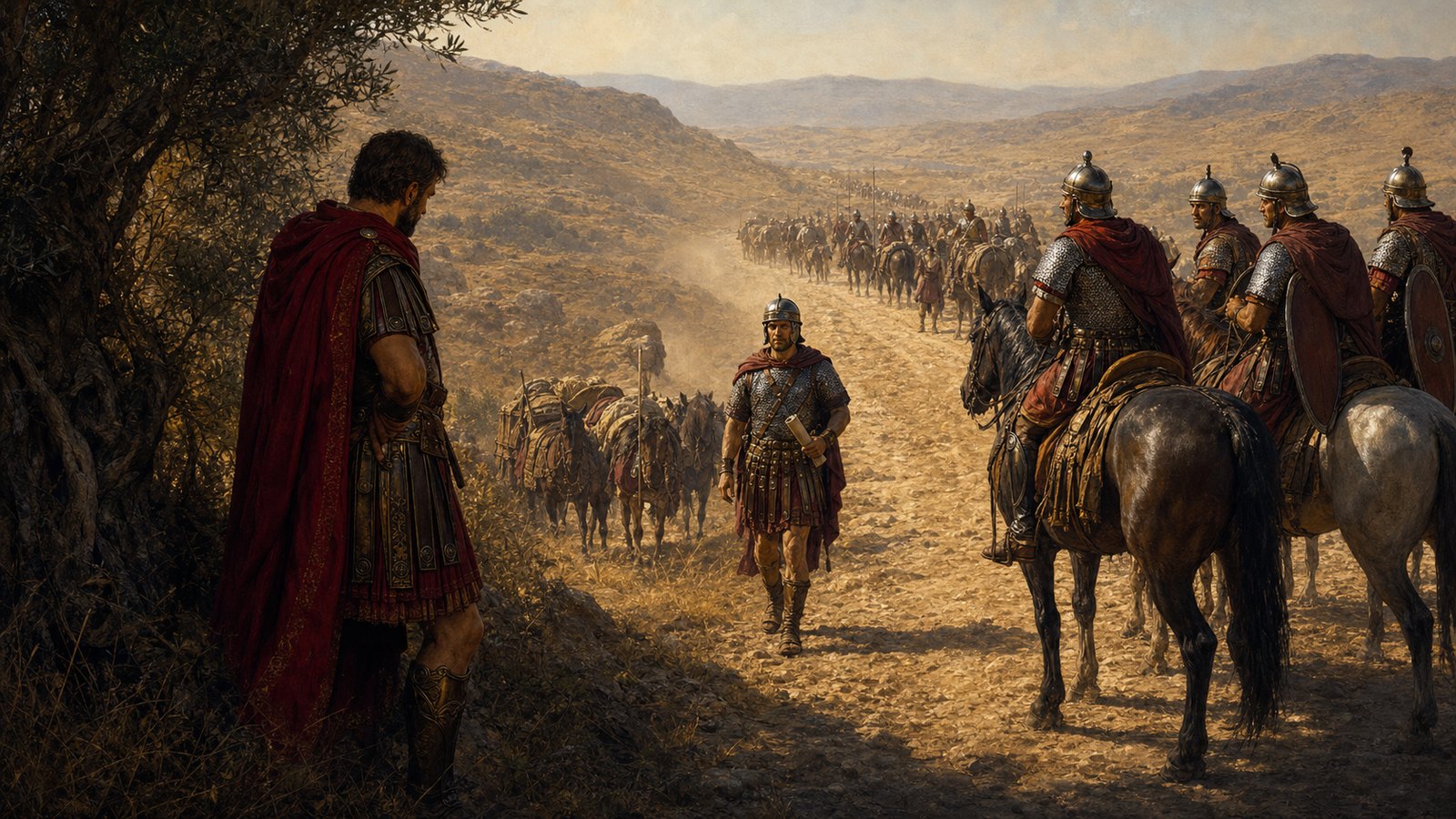 Caracalla’s mounted imperial column pauses on a dusty road in northern Mesopotamia near Carrhae in April 217.