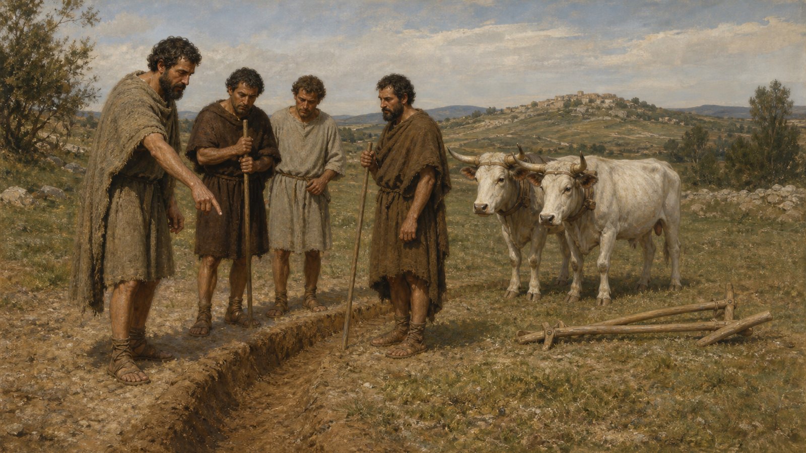 A founder and witnesses inspect the shallow boundary trench and its inward bank beside the paired cattle used for the circuit.
