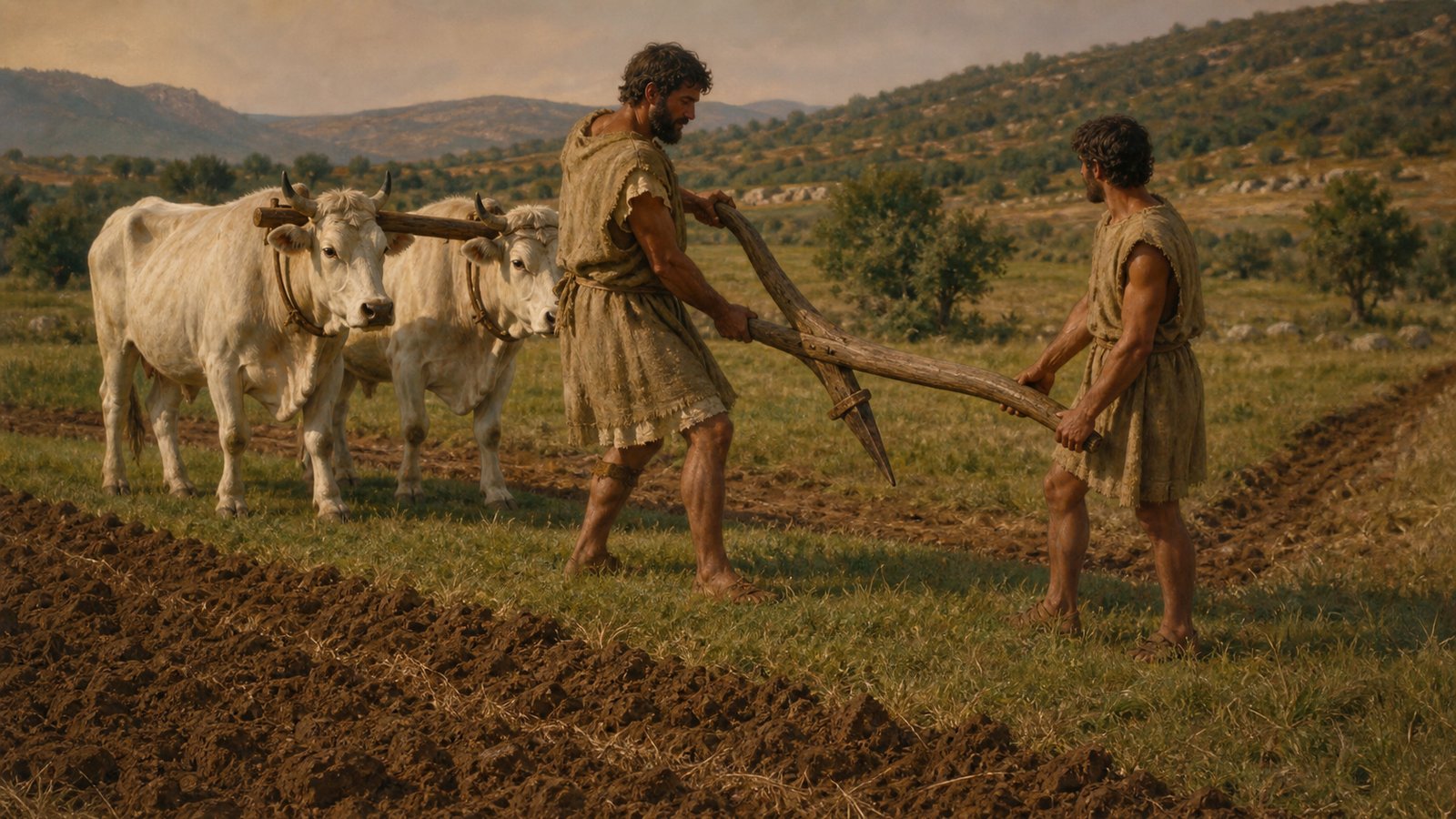 At the chosen entrance, attendants lift the wooden plough clear so the sacred furrow breaks cleanly where a Roman gate will stand.
