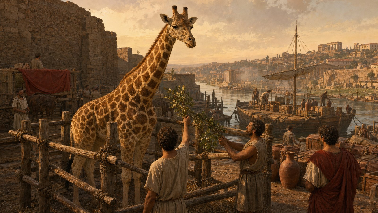 Handlers offer leafy branches after a giraffe’s difficult journey from Africa to Rome.