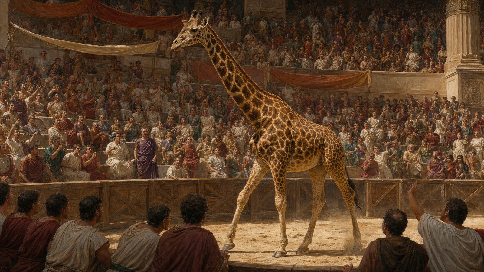 A giraffe crosses Caesar’s temporary arena while spectators try to name what they see.