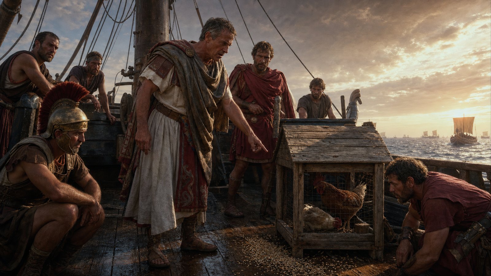 A feeding omen gave Roman command a formal reason to delay before the fleet entered battle.