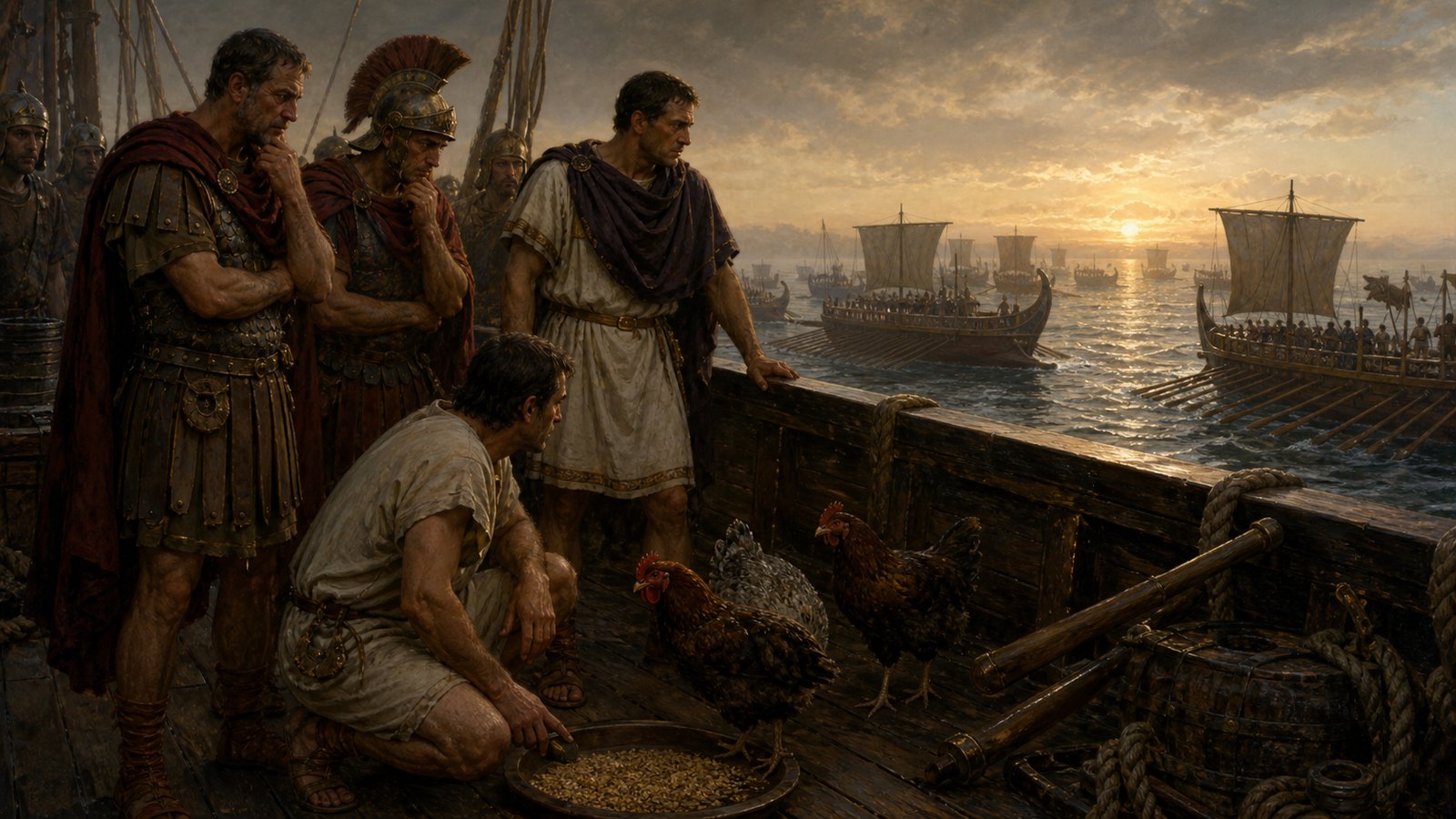 The birds’ refusal conflicted with Pulcher’s need for surprise against the Carthaginian squadron at Drepana.