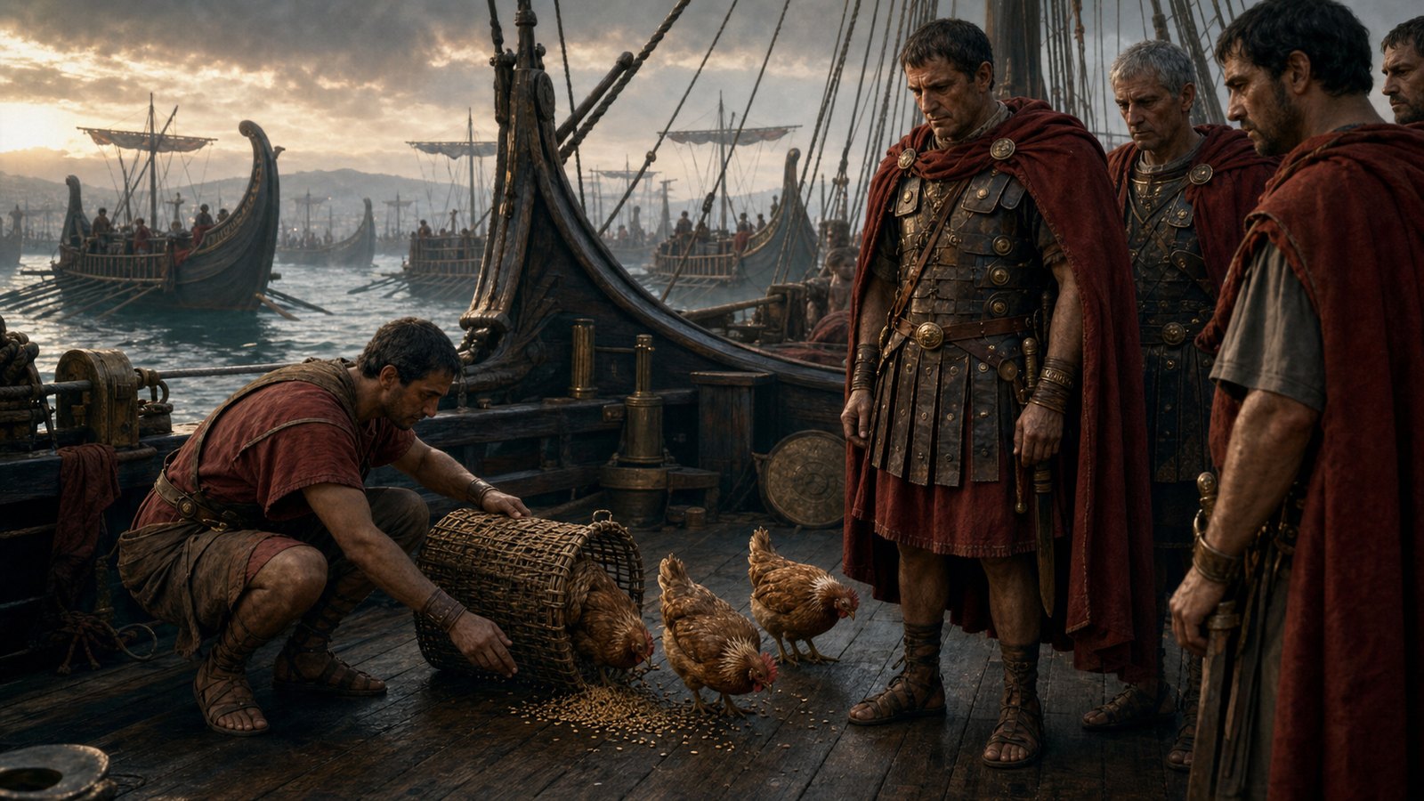 A pullarius offers grain to sacred chickens on a Roman warship before the order to sail.
