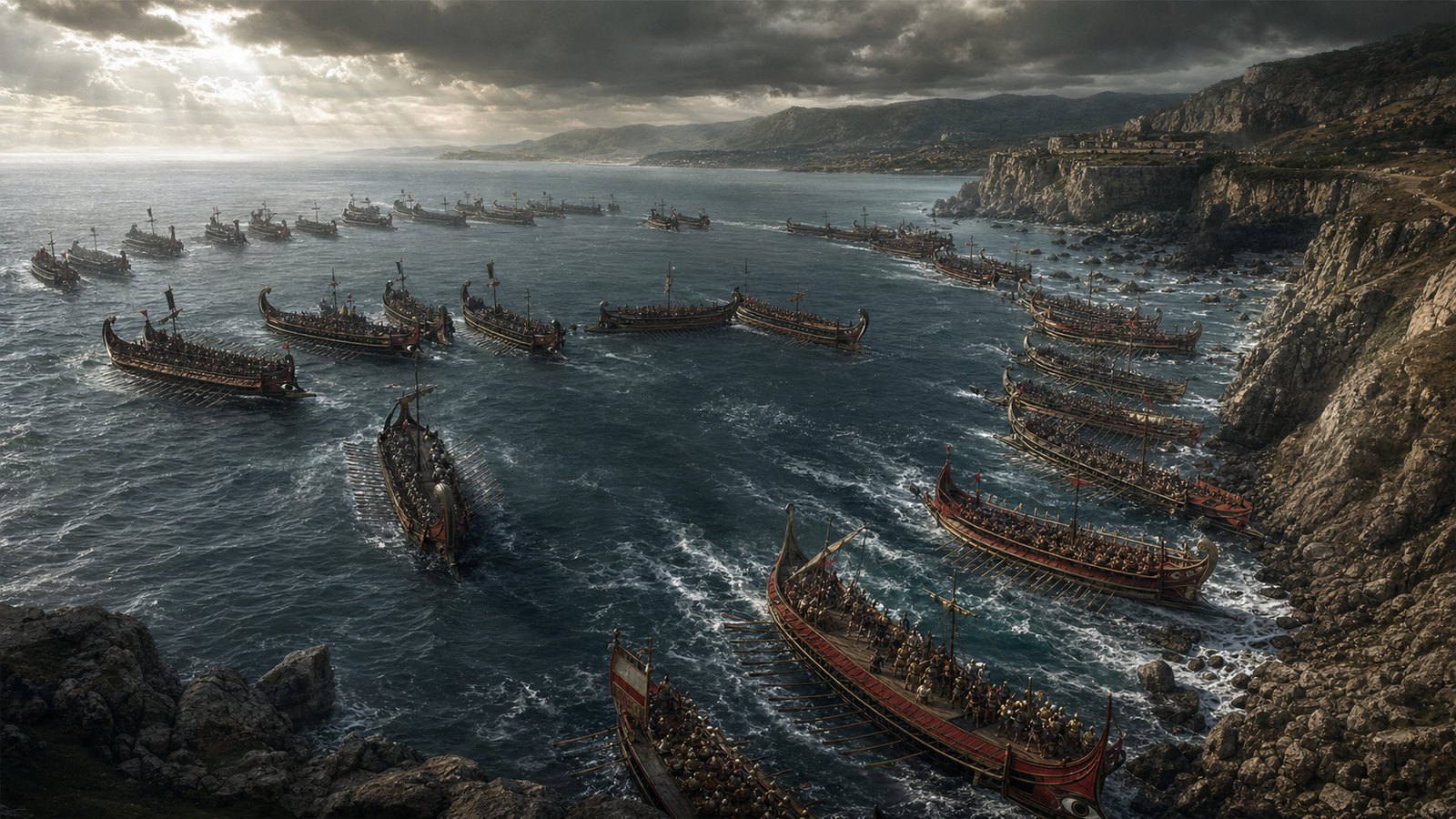 Roman ships lose formation near the Sicilian coast as Carthaginian crews turn into open water.