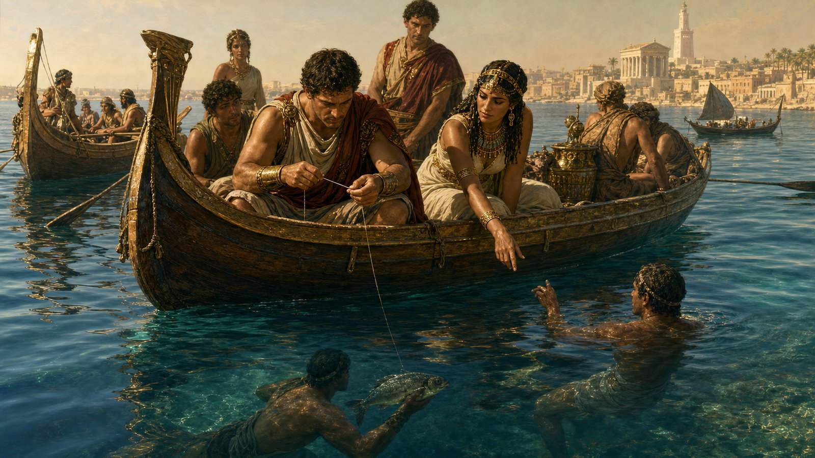 A vertical cinematic Alexandrian harbour scene: Mark Antony in generic late Republican dress lifts a fishing line from a small royal boat while Cleopatra and amused courtiers watch; beneath clear water a swimmer has attached an obviously preserved salted fish to the hook, Pharos and coastal buildings distant, expressive but non-recognizable historical figures, no text, no logos, no watermark.