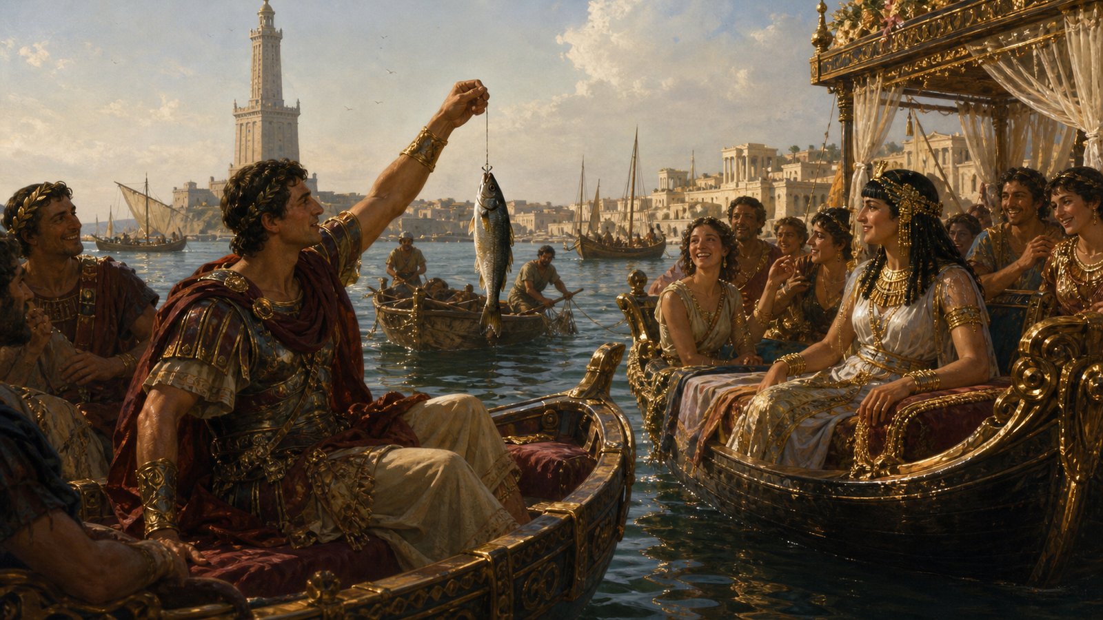 A wide cinematic scene on calm water near Alexandria: several elegant wooden fishing boats crowded with courtiers, Antony concentrating over a hand line while Cleopatra quietly signals a swimmer in the water, another diver farther below with a previously caught fresh fish, warm Mediterranean light, historically plausible, no text, no insignia, no watermark.