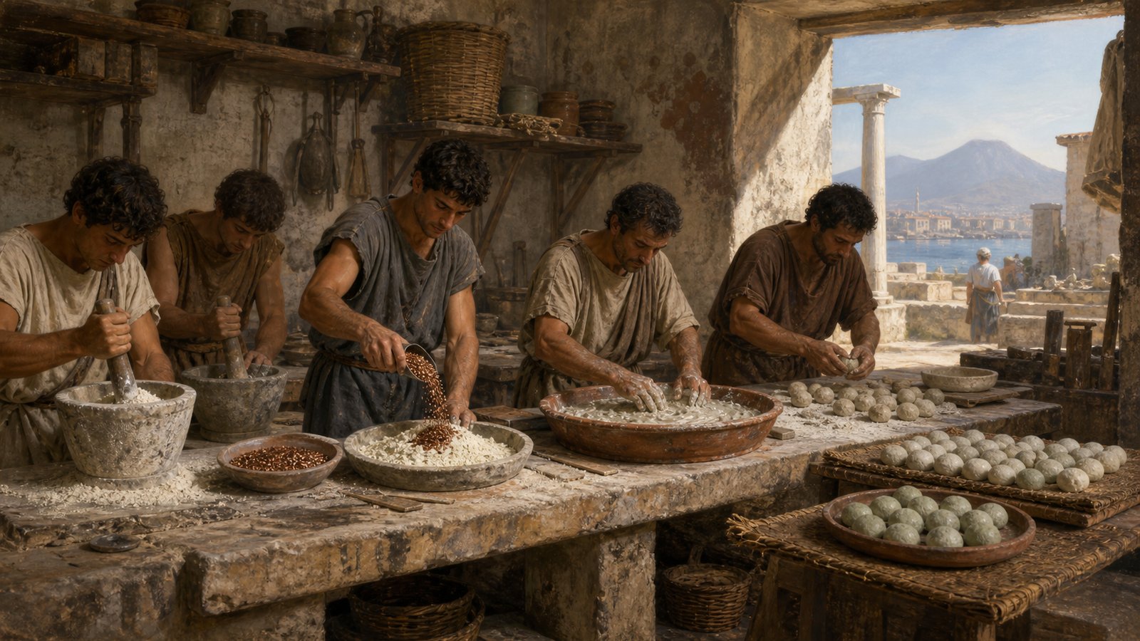 A vertical cinematic Roman pigment workshop at Puteoli: artisan Vestorius holds a newly fired deep blue pigment ball above an open earthen vessel while assistants grind pale sand and natron and sort coarse copper filings, glowing furnace behind, intense contrast between raw beige materials and vivid blue product, no readable text, no inscriptions, no watermark.