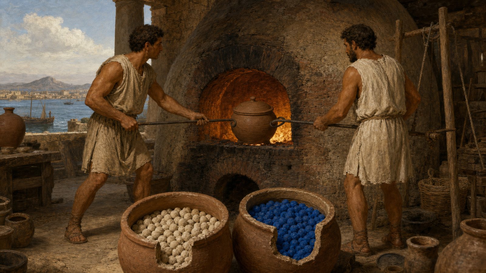 A wide horizontal detailed Roman workshop scene showing the full preparation sequence across one stone bench: sand and flower of natron ground fine in mortars, coarse copper filings added, water mixed into paste, workers rolling uniform balls by hand, historically plausible tools, no modern equipment, no text, no watermark.