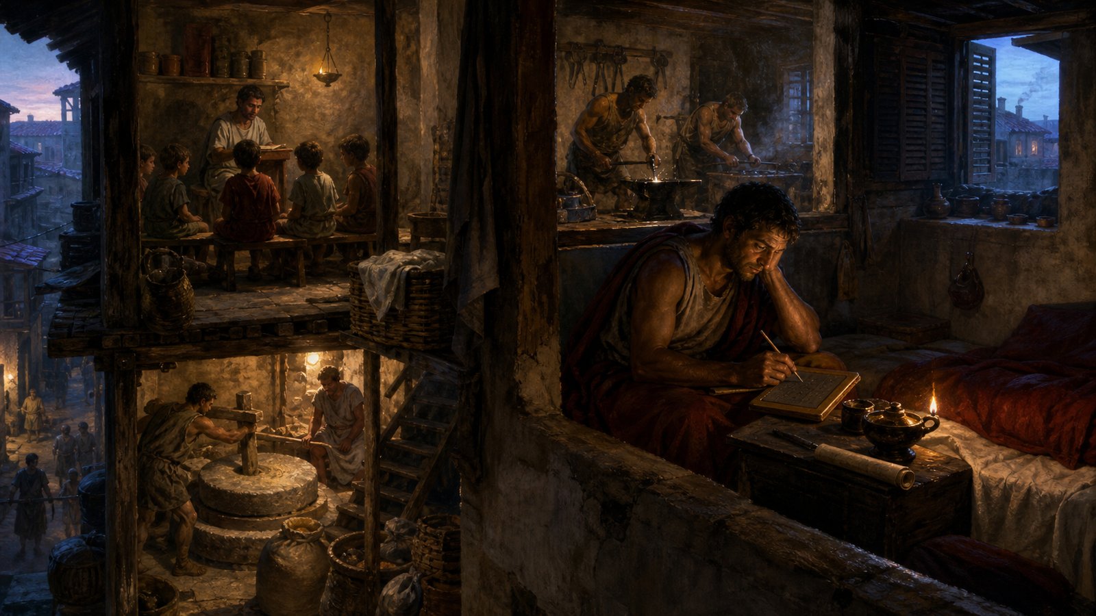 Before dawn in a cramped Roman upstairs room, a sleepless writer hears a schoolmaster, turning millstones and metal hammers through thin walls.