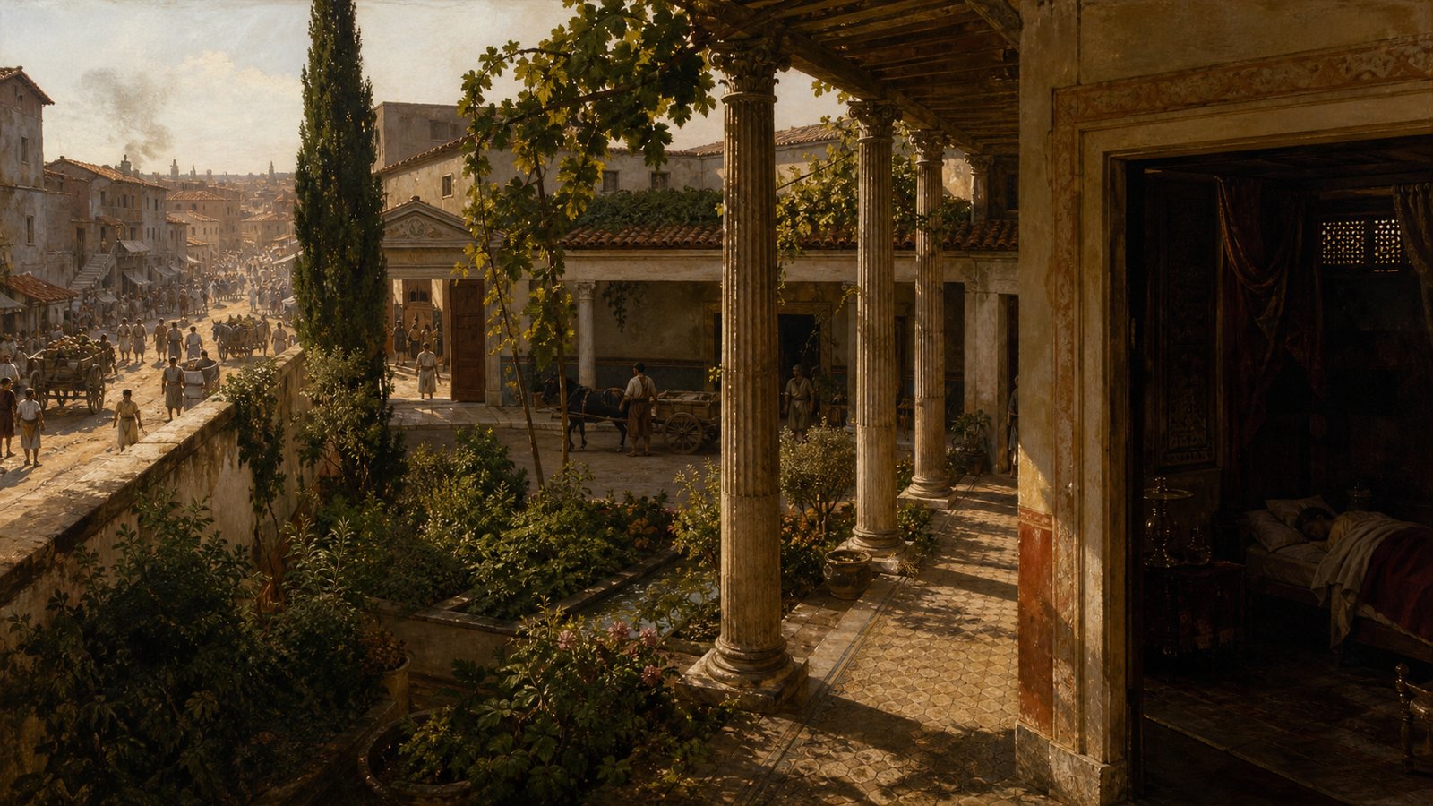 Across the city, a wealthy Roman estate encloses a private carriage drive and deep shaded rooms, keeping the noisy street beyond its garden walls.