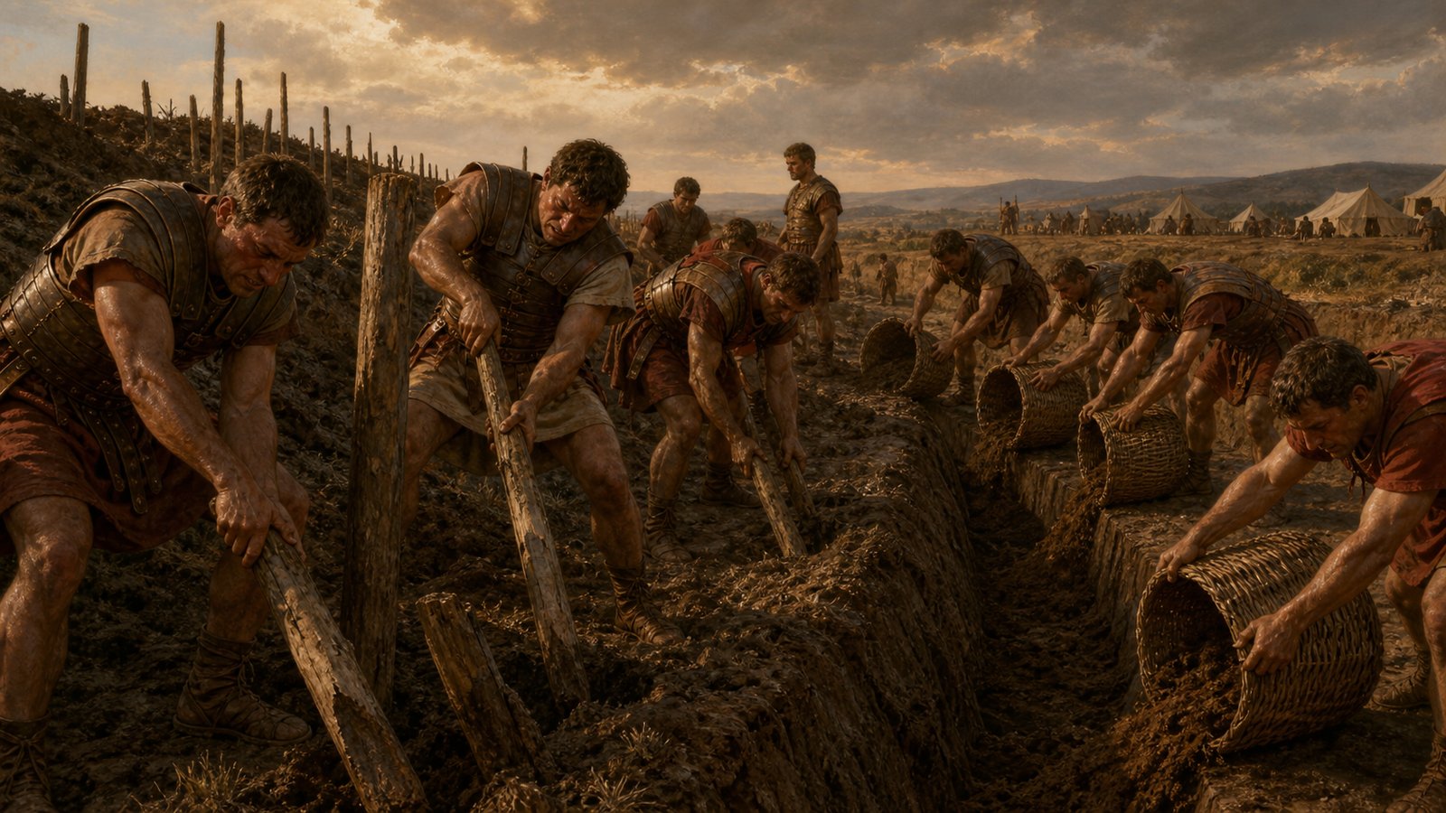 Scipio watches legionaries dismantle a newly finished practice rampart while other teams refill its trench on a cold Spanish training plain.