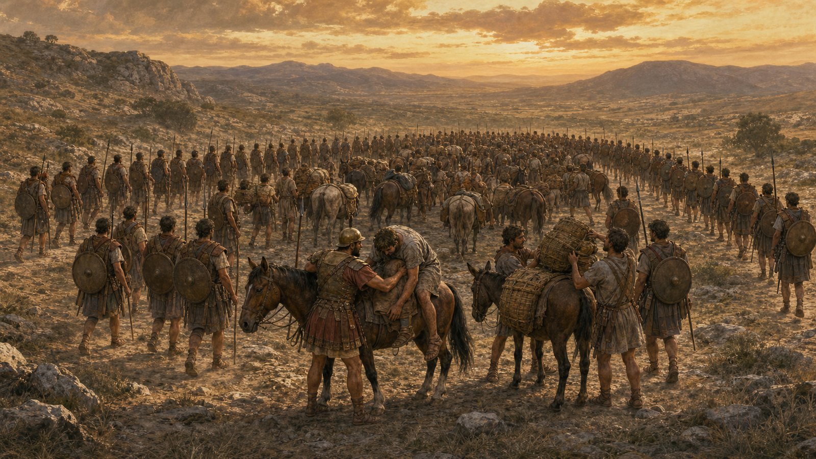A Roman marching column advances in a disciplined square as officers inspect fixed positions, burdened mules, and soldiers carrying redistributed loads.