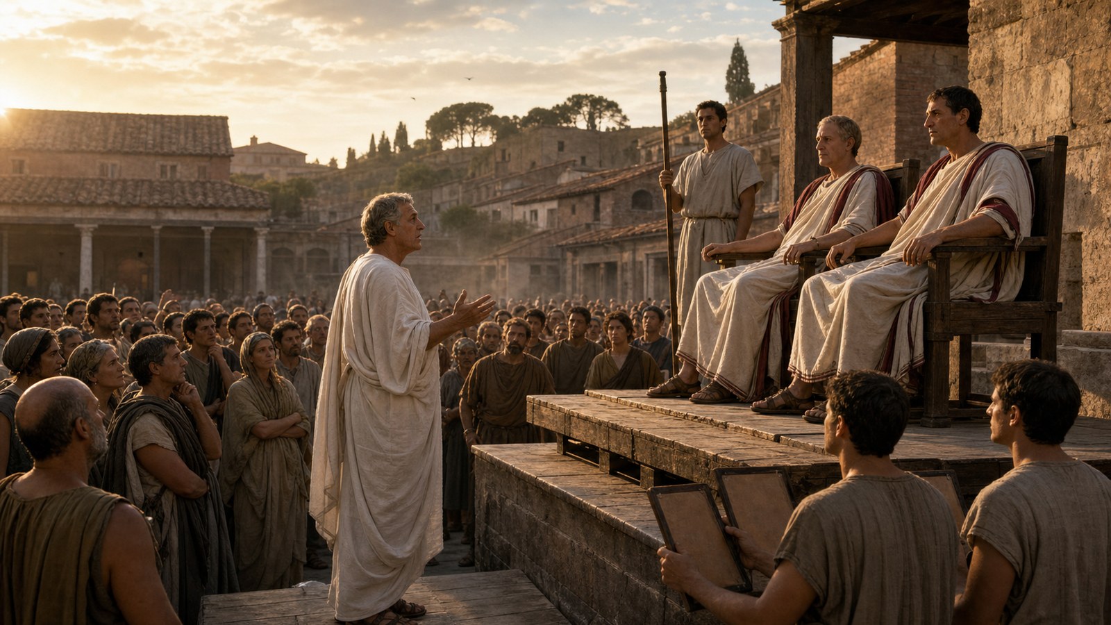 At the Rostra, an older Scipio in a plain white toga turns away from seated tribunes as citizens of many ranks begin to follow him toward the Capitoline Hill.