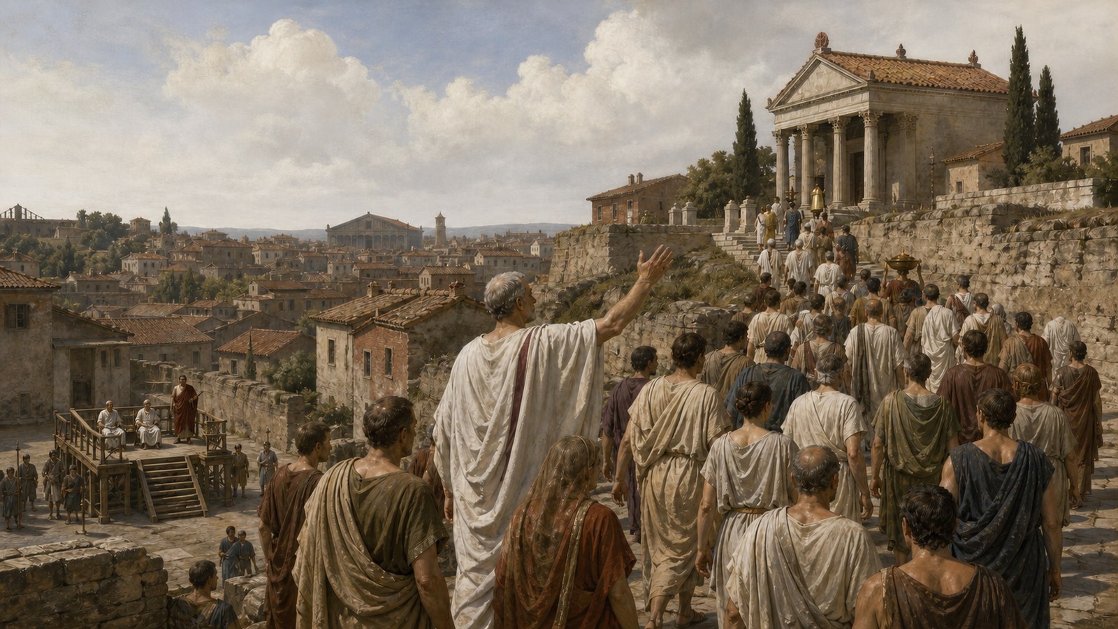 The public meeting has become a civic procession, climbing through Republican Rome toward the Temple of Jupiter while the tribunal stands nearly empty behind it.