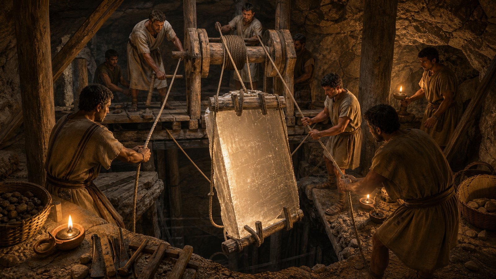 Roman miners use a timber windlass and rope to raise a broad translucent gypsum plate while protecting it from fracture.