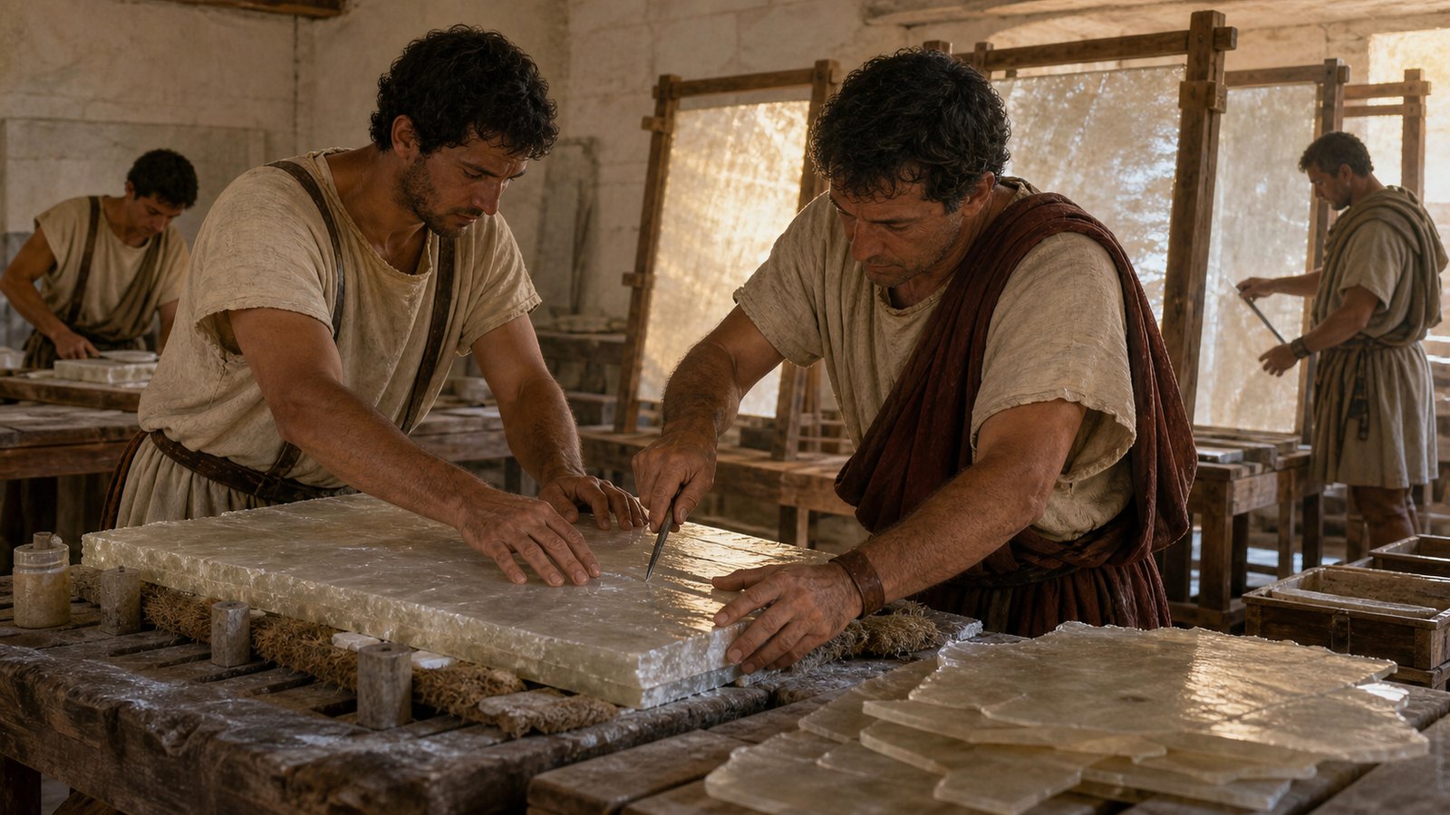 Craftspeople split translucent lapis specularis along natural planes into thin mineral leaves that can admit daylight.