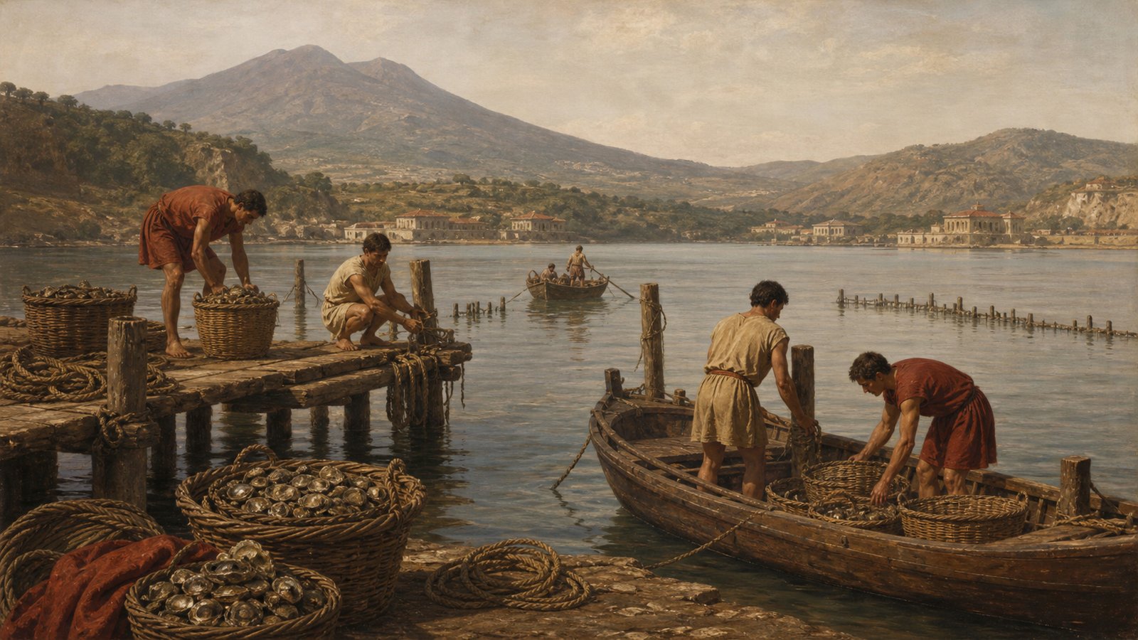 On the calm shore of ancient Lake Lucrinus near Baiae, workers tend orderly submerged oyster beds from a low wooden skiff while baskets of closed shells rest on a plain dock; Roman-period clothing, volcanic Campanian coast, no writing, no logos, no modern equipment.