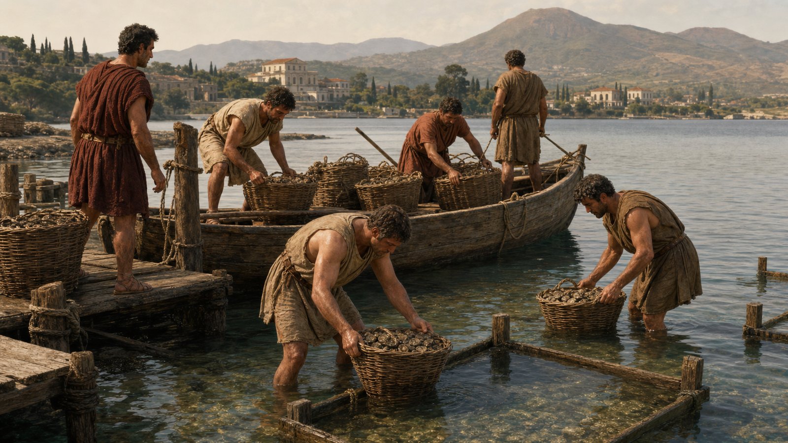 At an ancient Campanian landing place, tired boatmen transfer closed oysters from plain travel baskets into clean shallow lake pens while a villa-lined shore rises behind them; historically plausible wood, rope and ceramics, no readable marks or modern objects.