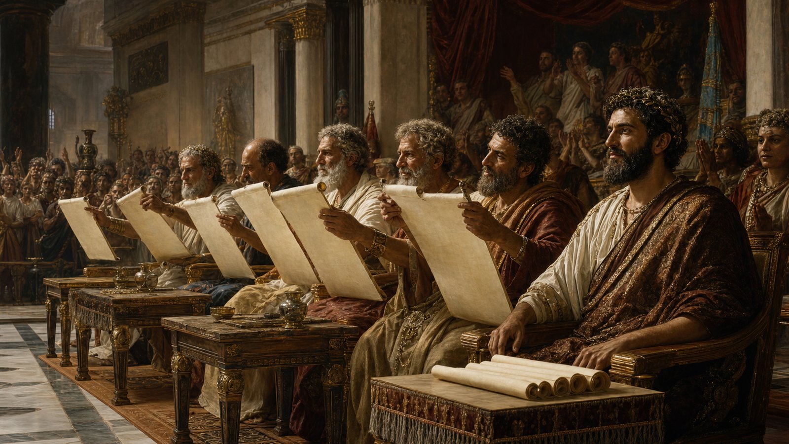 Inside a crowded Hellenistic Alexandrian poetry contest, six judges lean toward the applauding audience while the seventh judge, Aristophanes, calmly withholds his vote beside generic papyrus rolls with no visible writing.