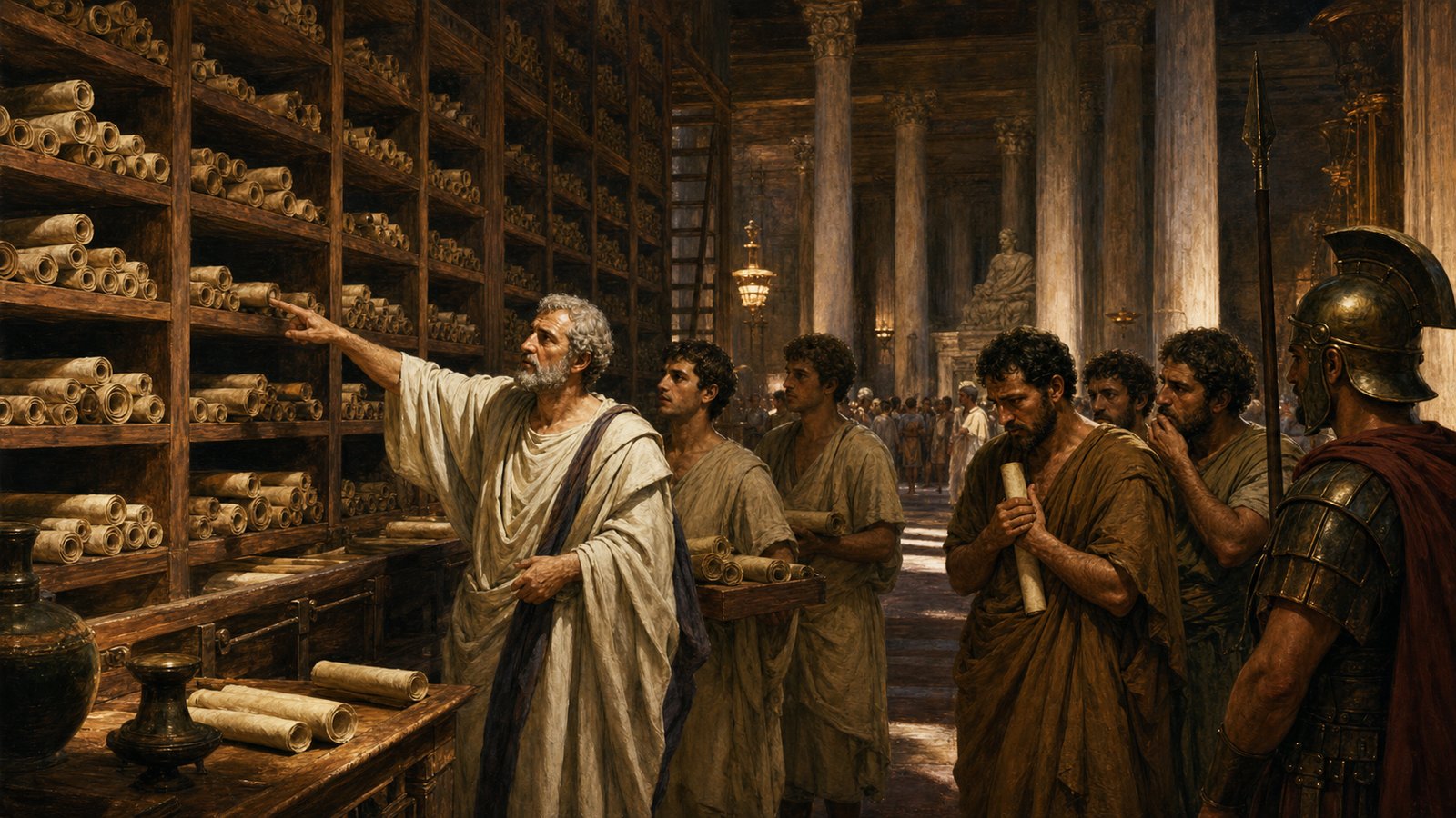 In Alexandria’s vast library, Aristophanes leads attendants toward exact shelves while accused reciters wait under guard, turning remembered books into evidence without showing any legible script.